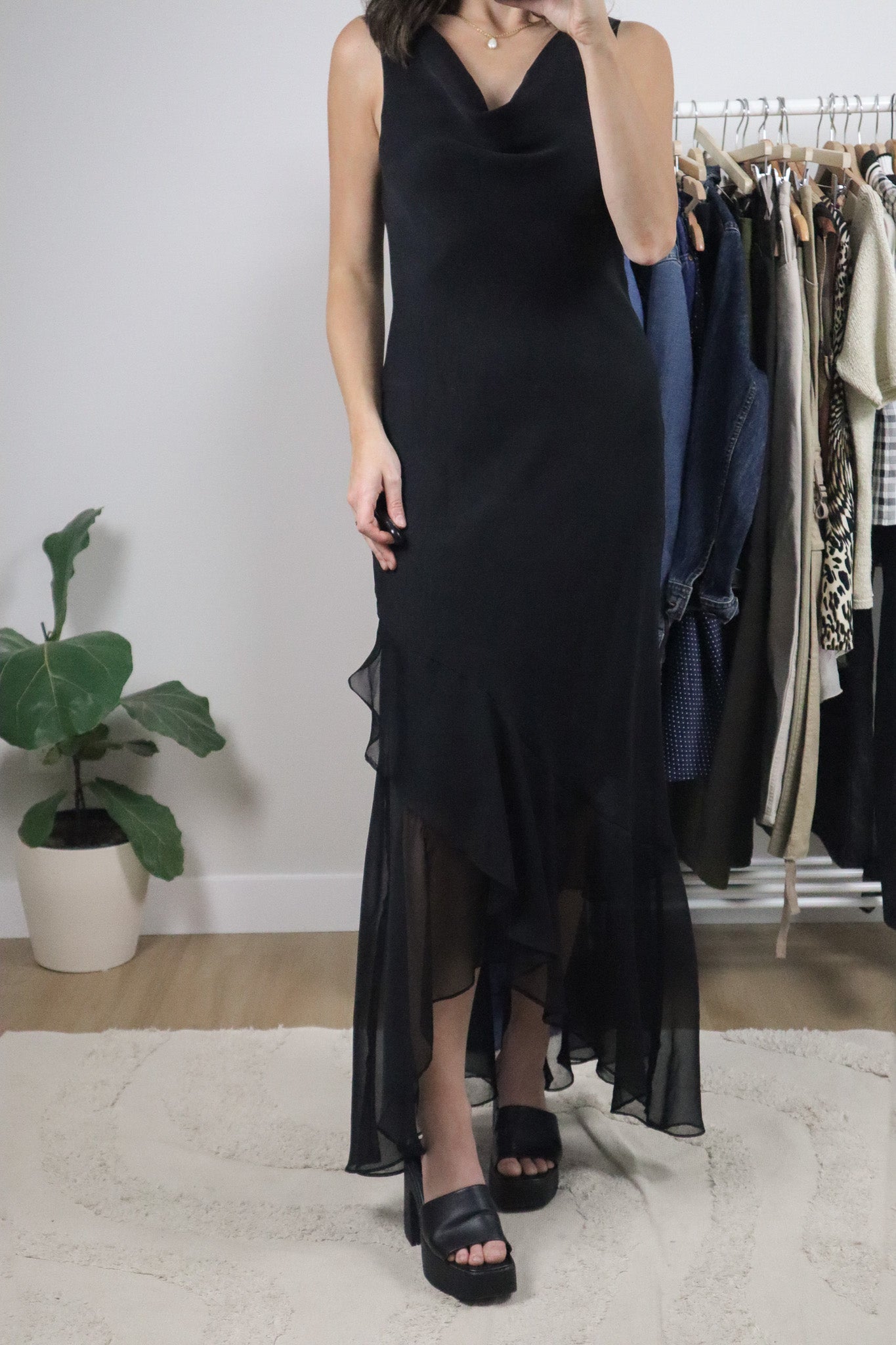 Vintage x Mesh Cowl Neck Asymmetrical Maxi Dress (6/8)
