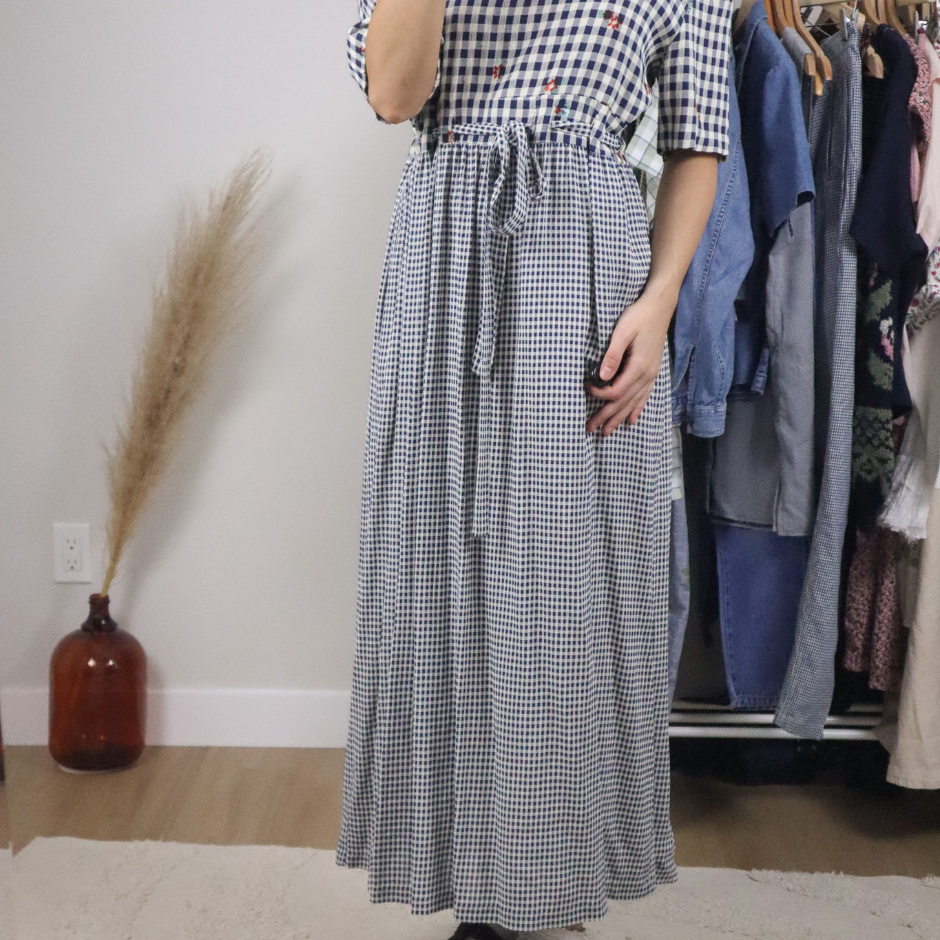 Made in USA x Vintage x Gingham Floral Tie Maxi Dress (8/10)