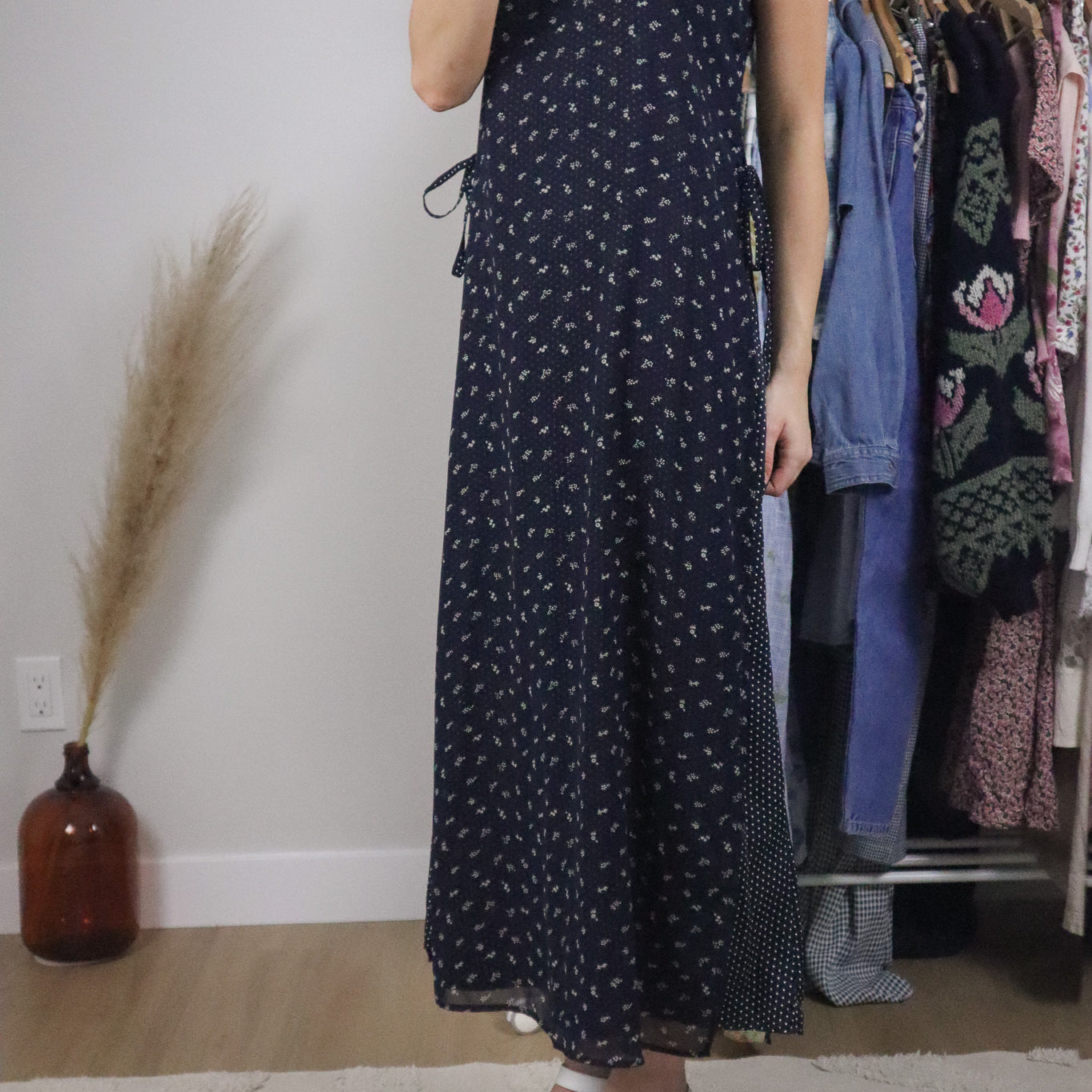 Vintage x Floral/Polka Dot Mesh Maxi Dress (M)