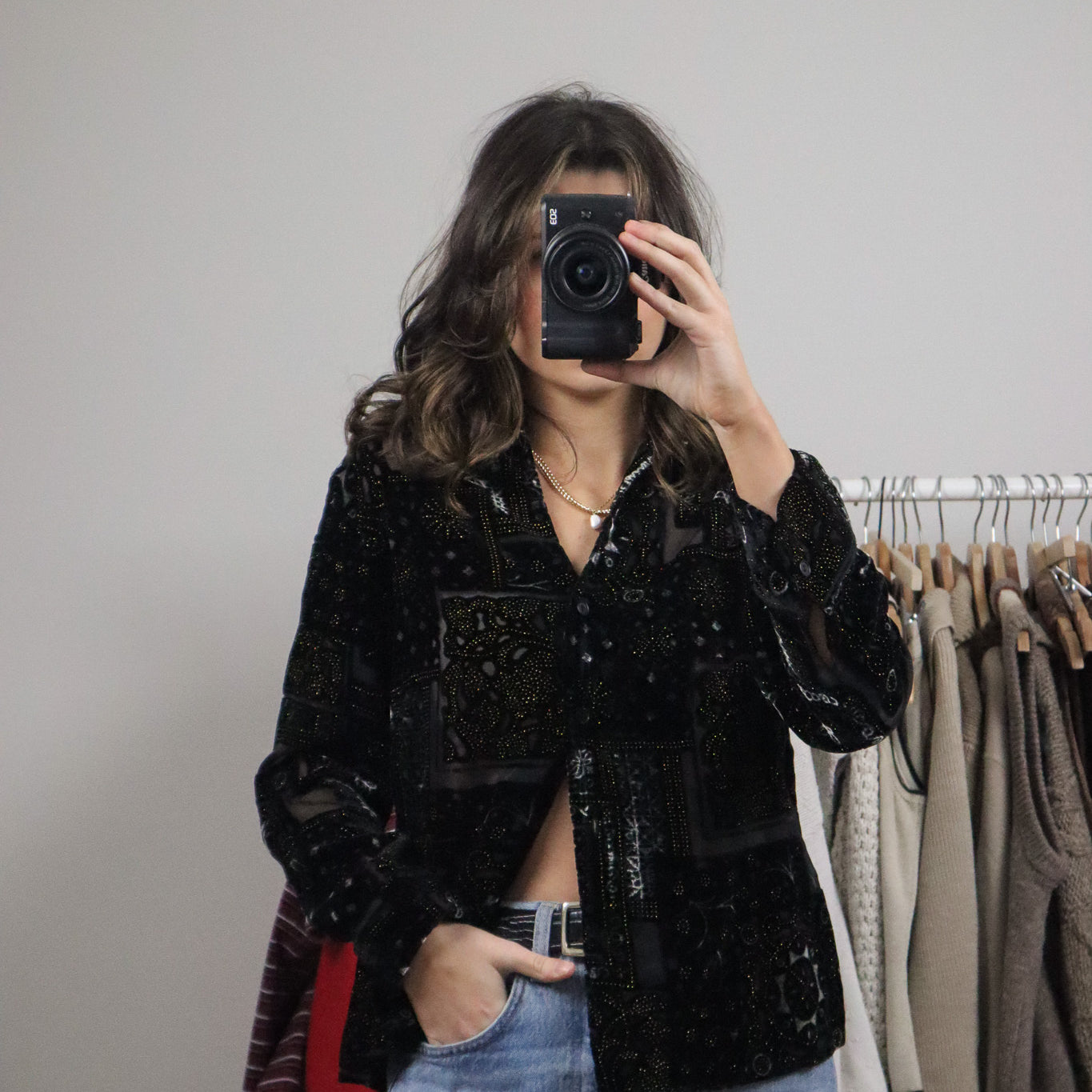 Vintage x Velvet Shimmer Button Up (S/M)