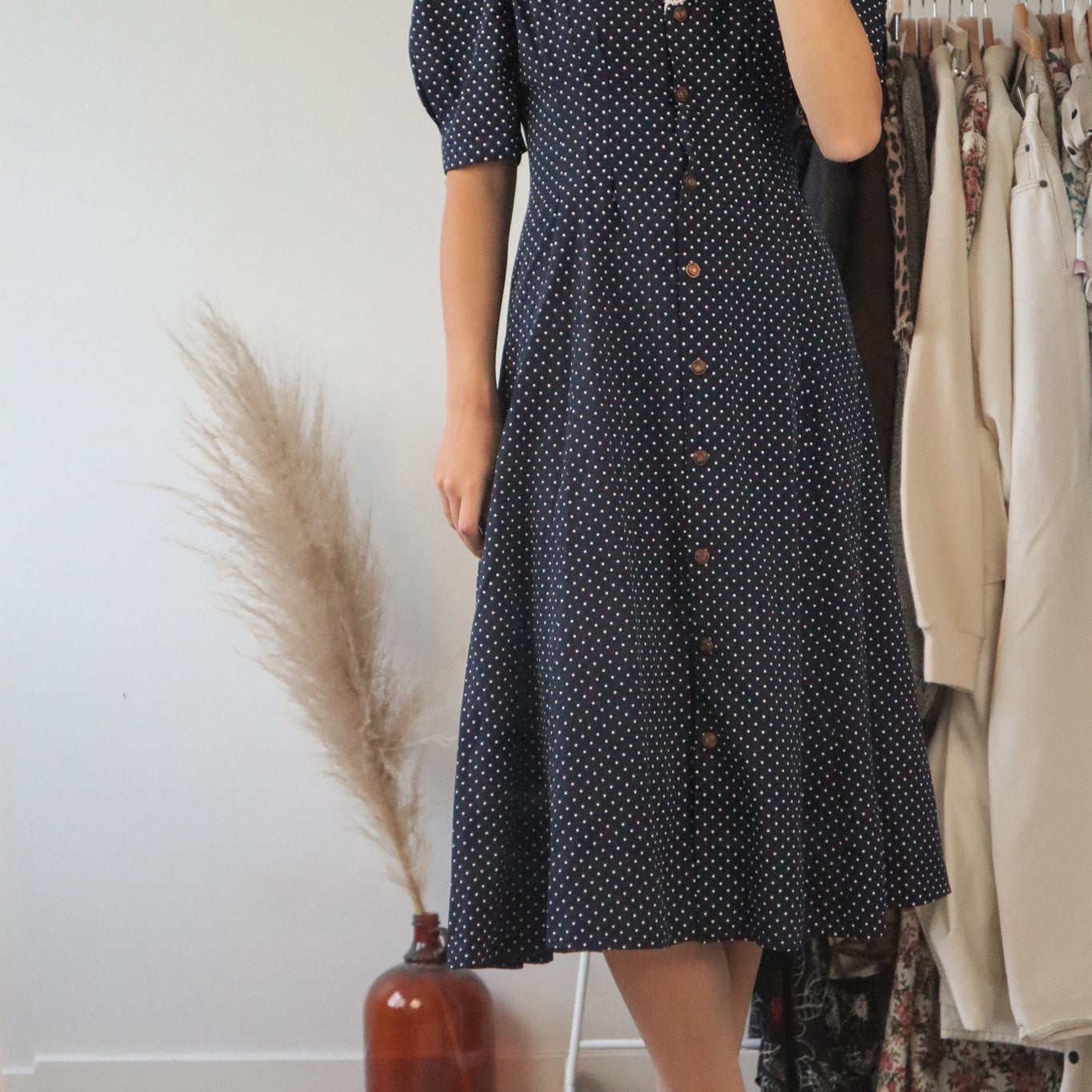 Made in Canada x Vintage x Collared Polka Dot Dress (L)