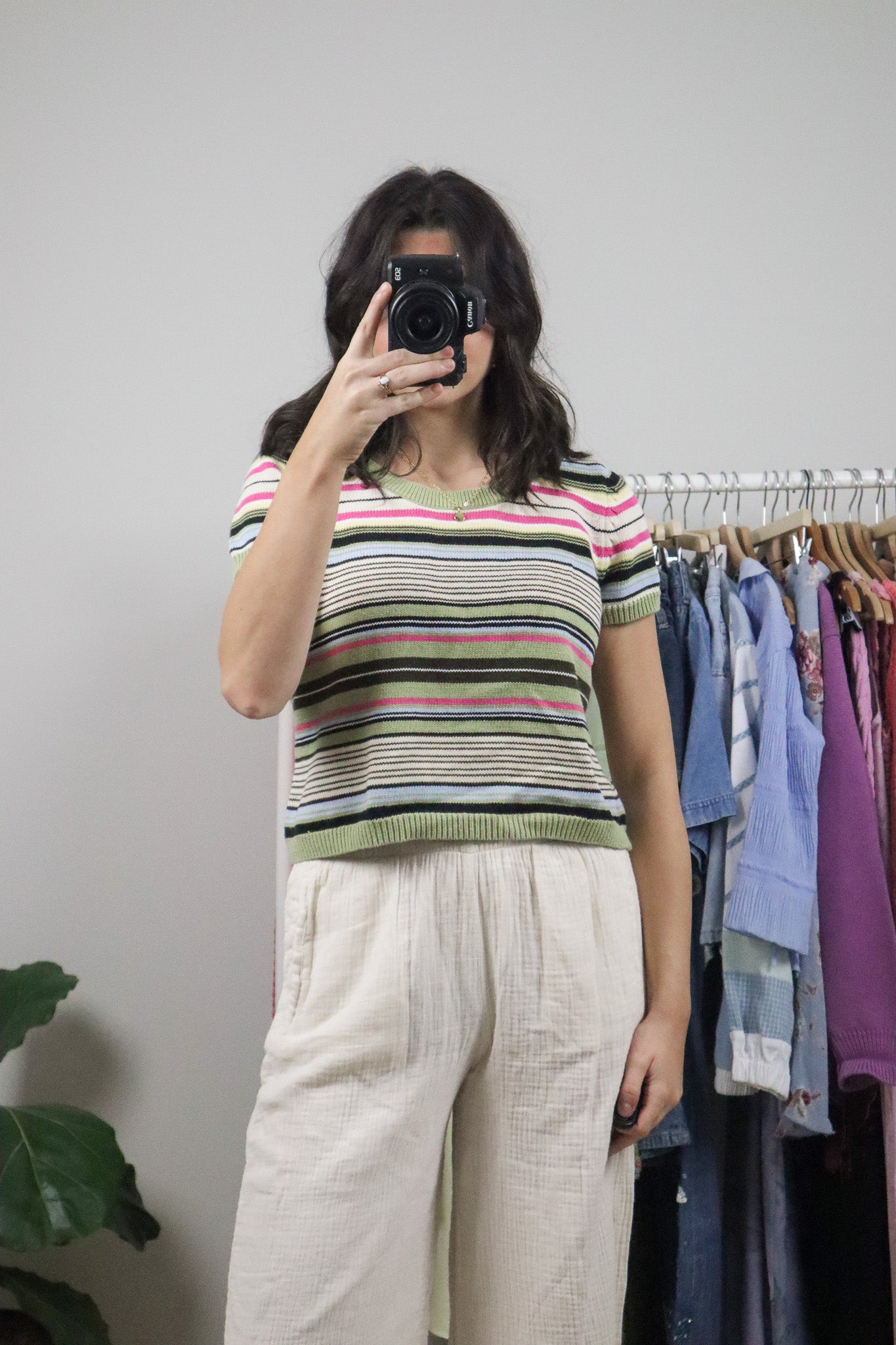 Vintage x Cotton Knit Striped Crop Top (L)