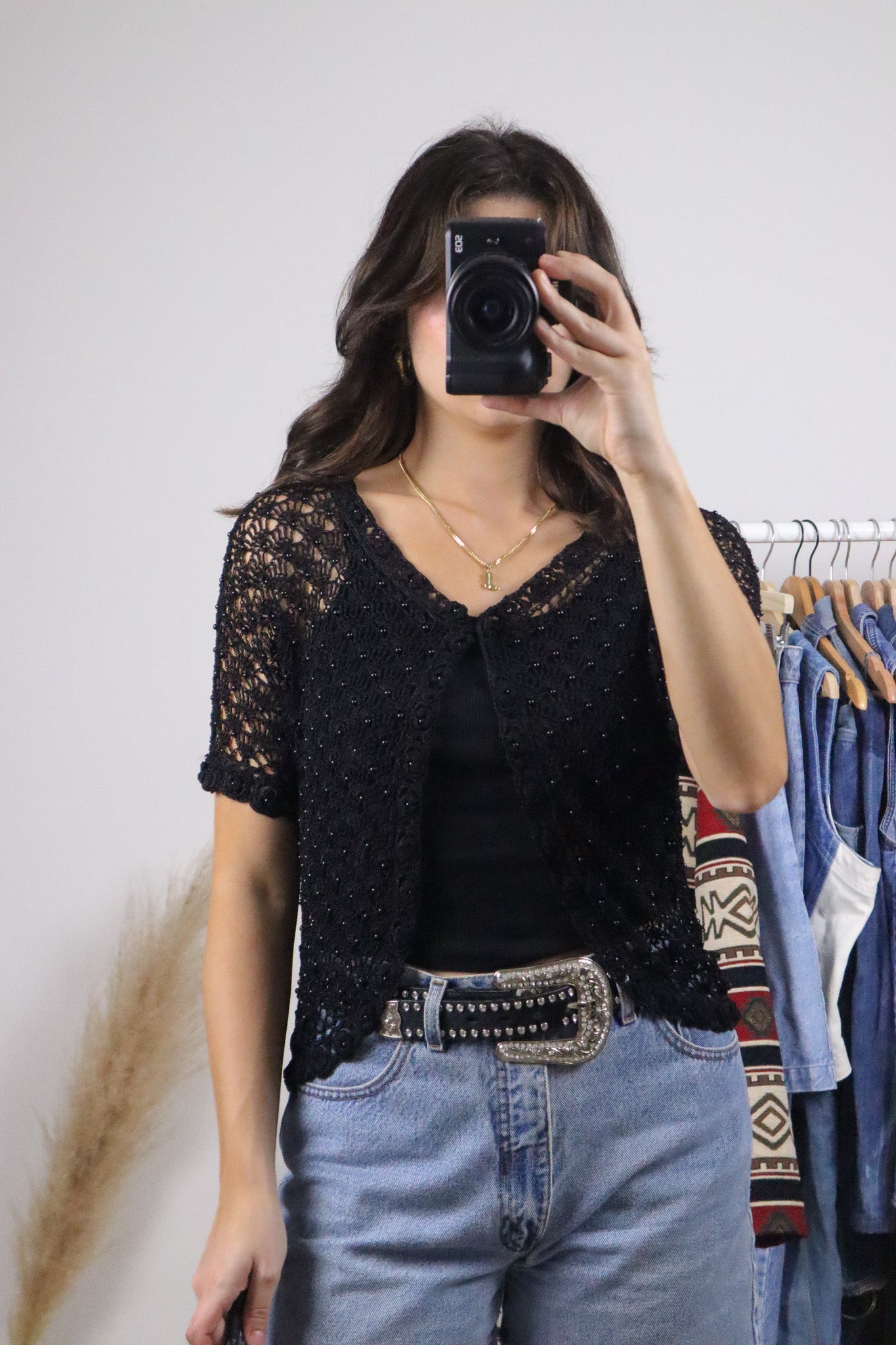 Vintage x Crochet Beaded Short-Sleeve Top (M)