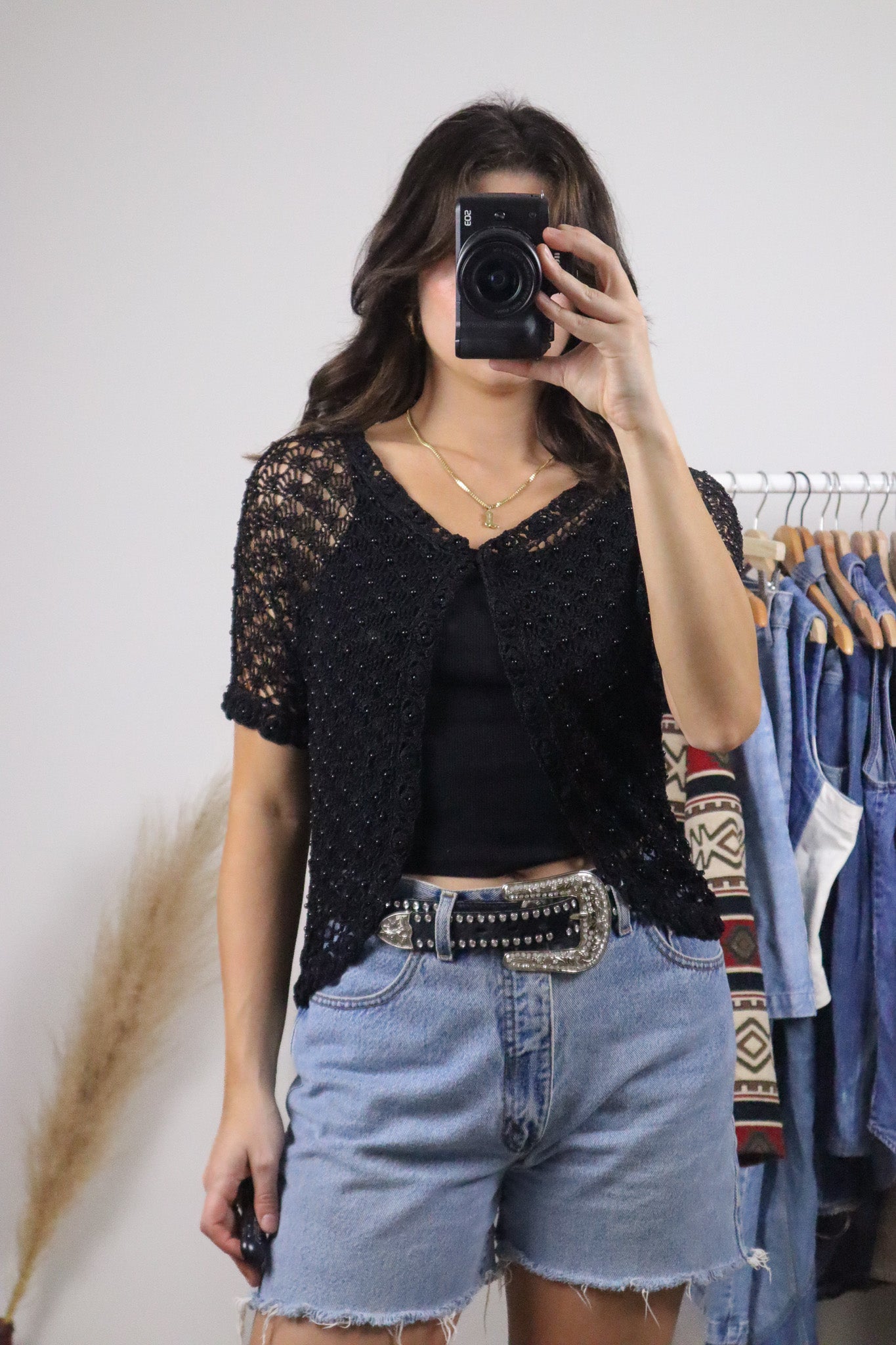 Vintage x Crochet Beaded Short-Sleeve Top (M)