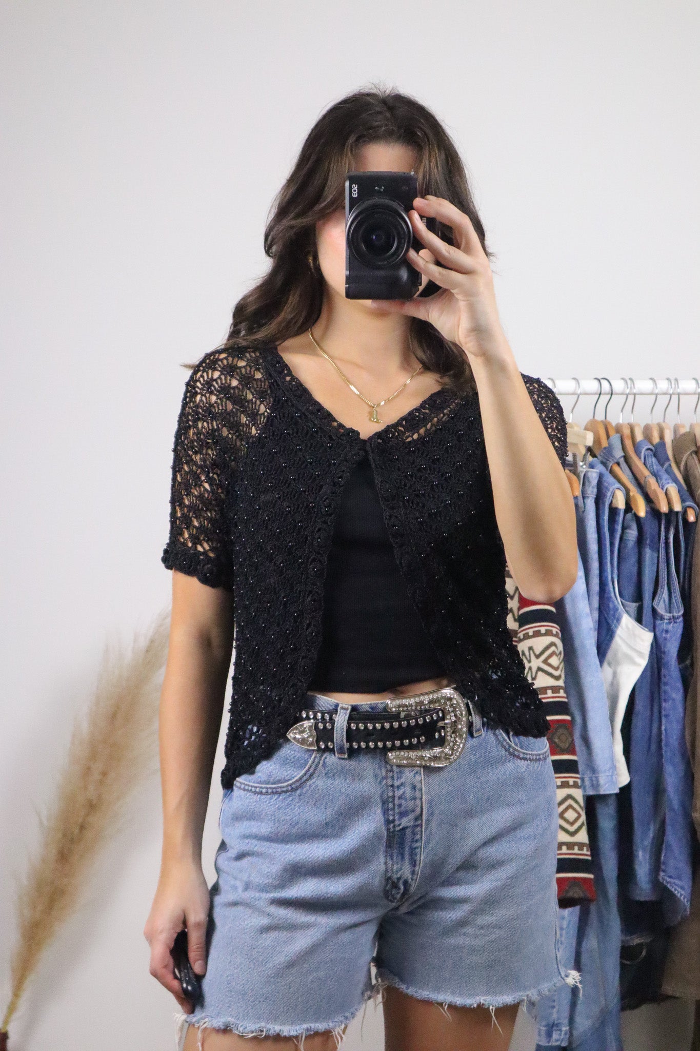 Vintage x Crochet Beaded Short-Sleeve Top (M)