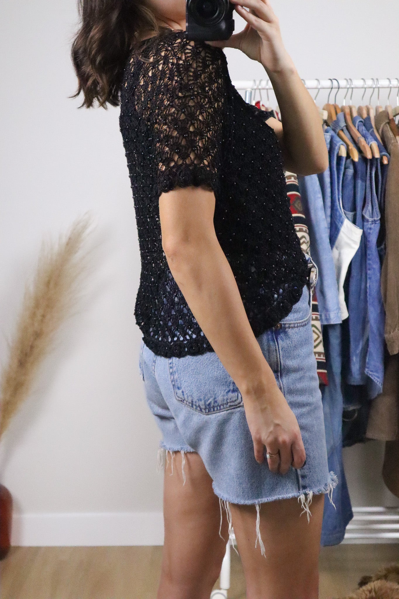 Vintage x Crochet Beaded Short-Sleeve Top (M)