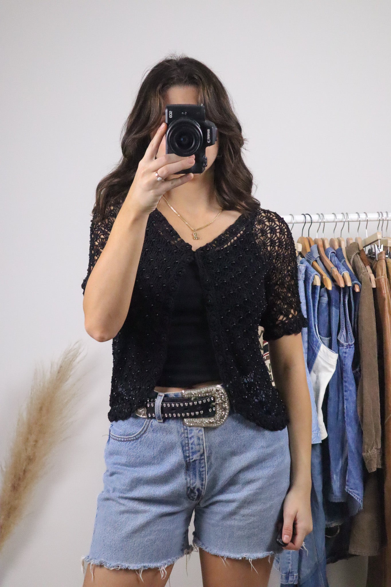 Vintage x Crochet Beaded Short-Sleeve Top (M)