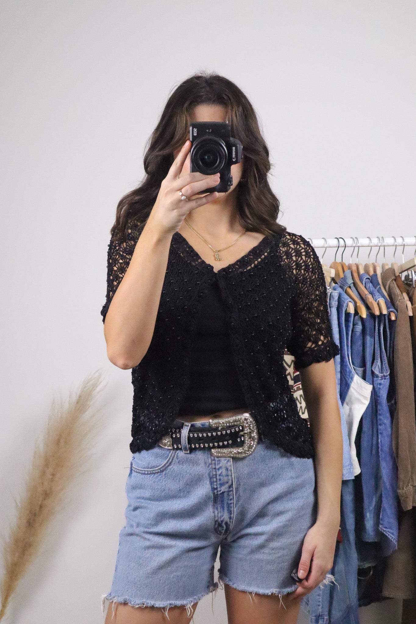 Vintage x Crochet Beaded Short-Sleeve Top (M)