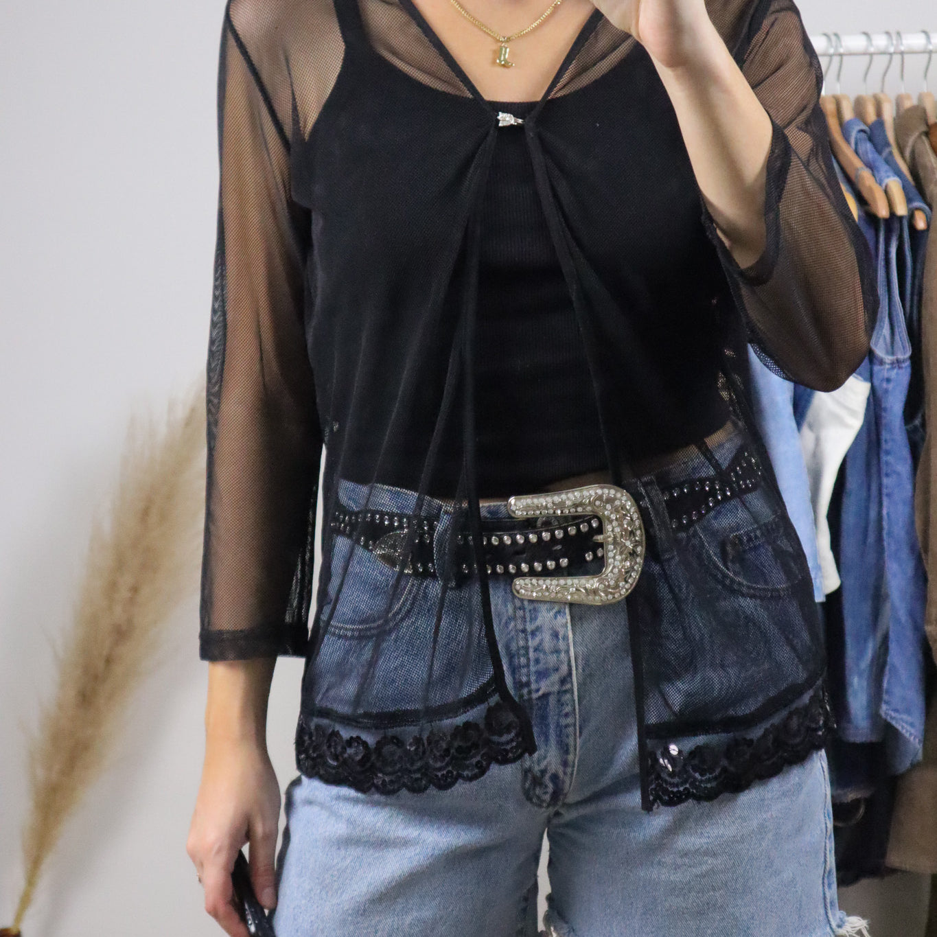 Vintage x Mesh/Sequence Clasp Cardigan (L)