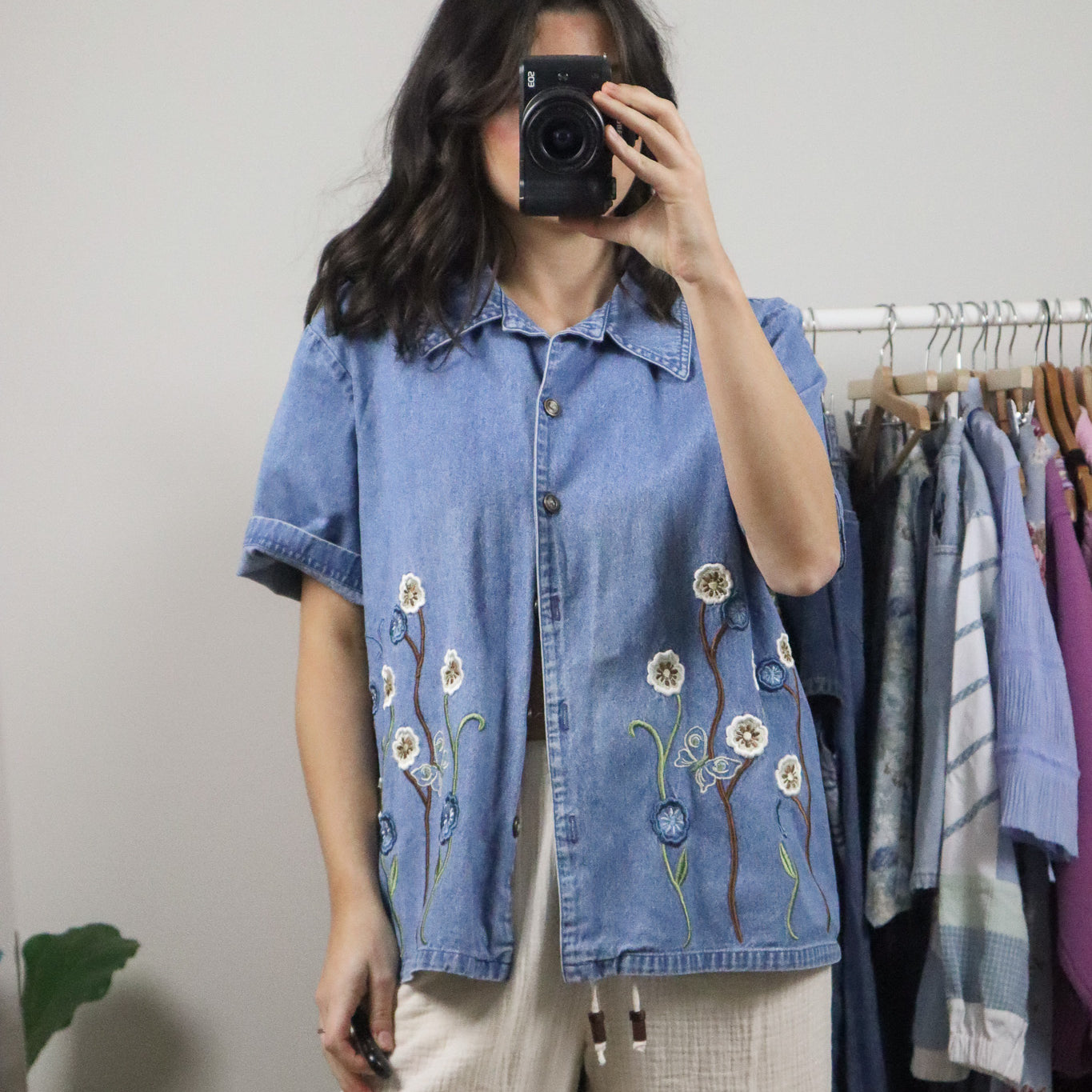 Vintage x Patterned Denim Short-Sleeve Button Top (L/XL)
