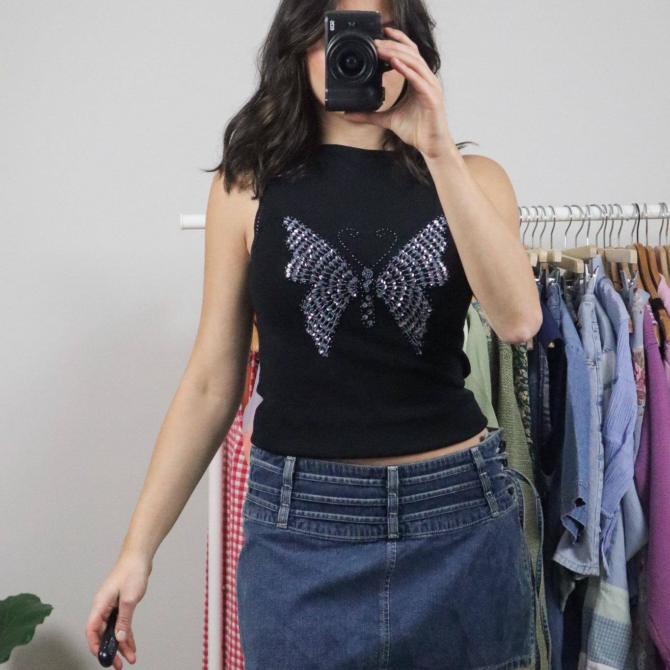 Vintage x High-Neck Sequence Butterfly Tank (S)