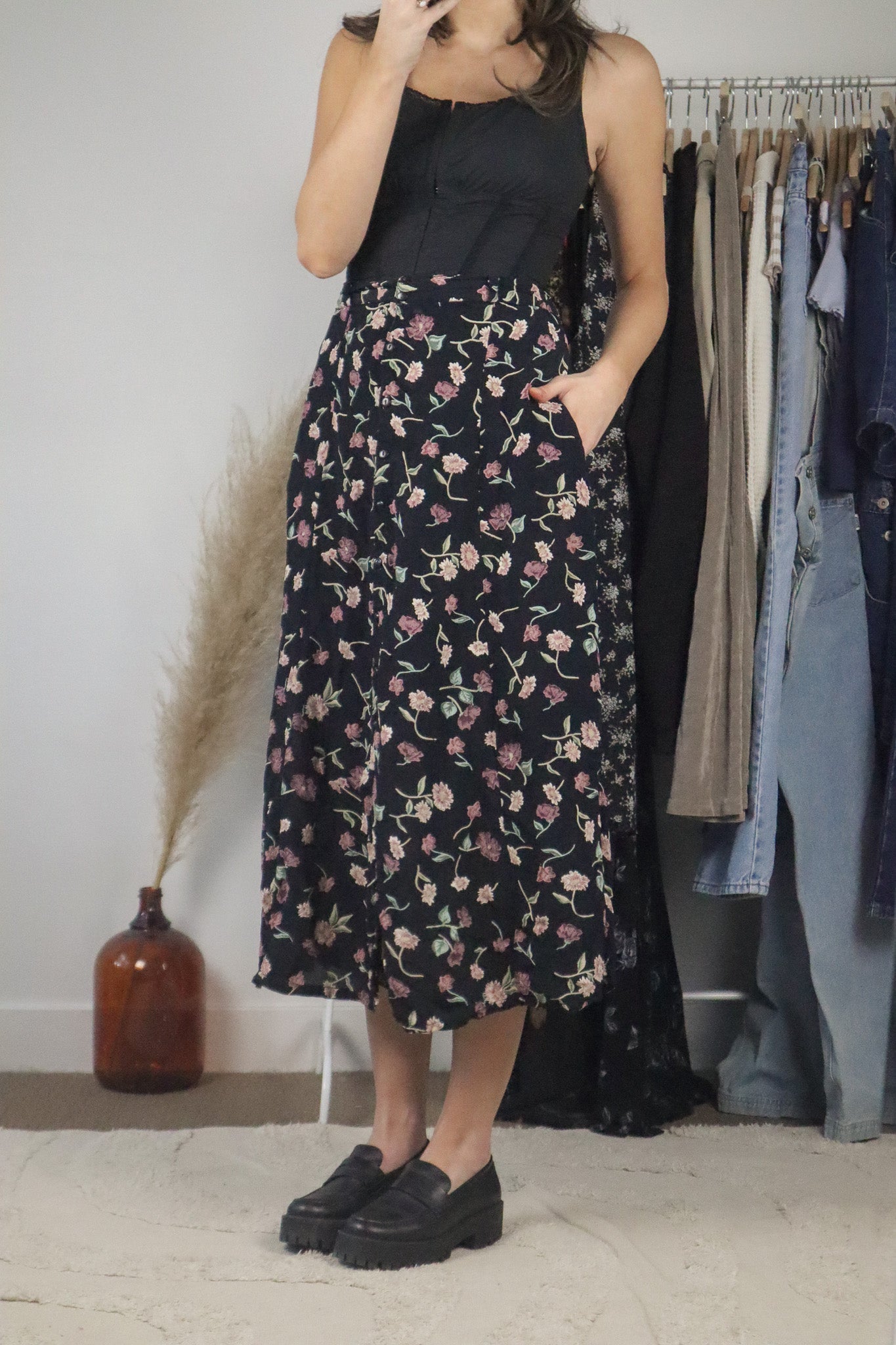 Vintage x Floral Button Up Midi Skirt (XL)