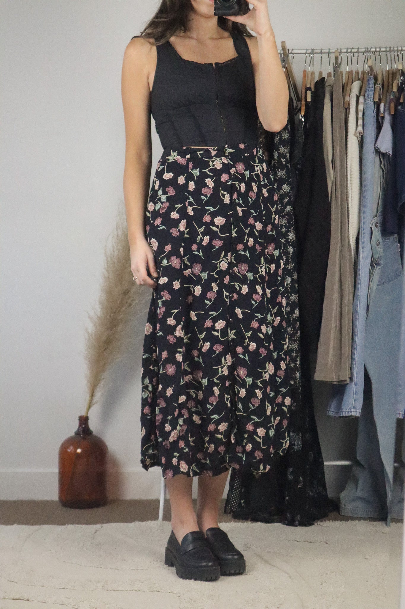 Vintage x Floral Button Up Midi Skirt (XL)