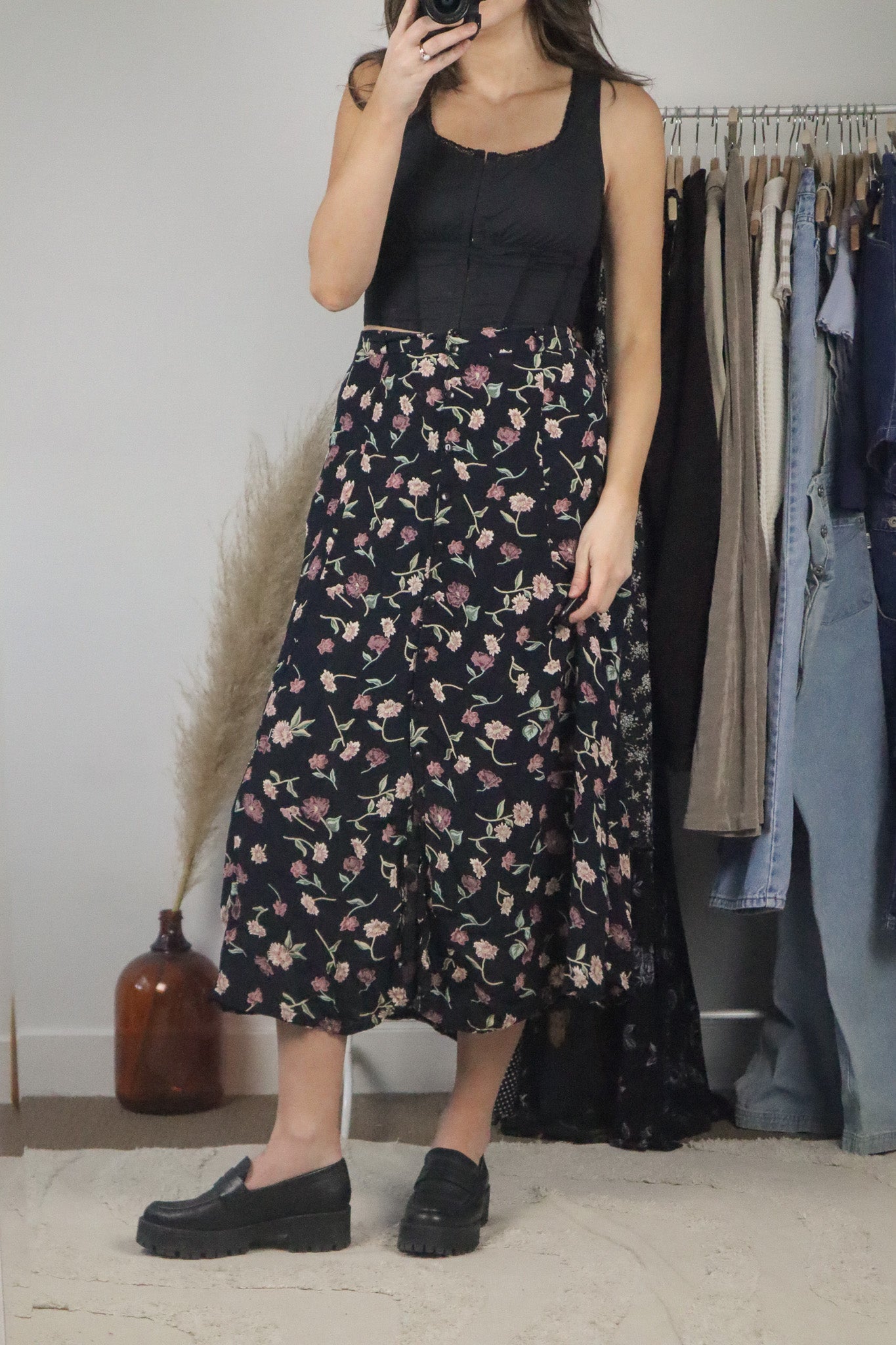 Vintage x Floral Button Up Midi Skirt (XL)