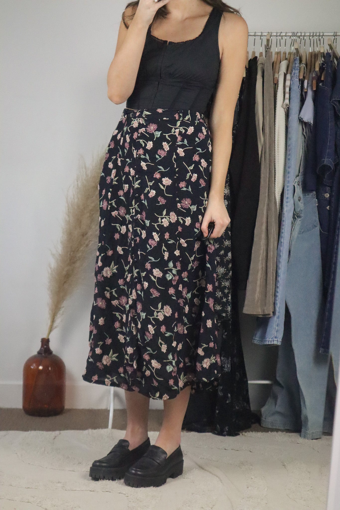 Vintage x Floral Button Up Midi Skirt (XL)