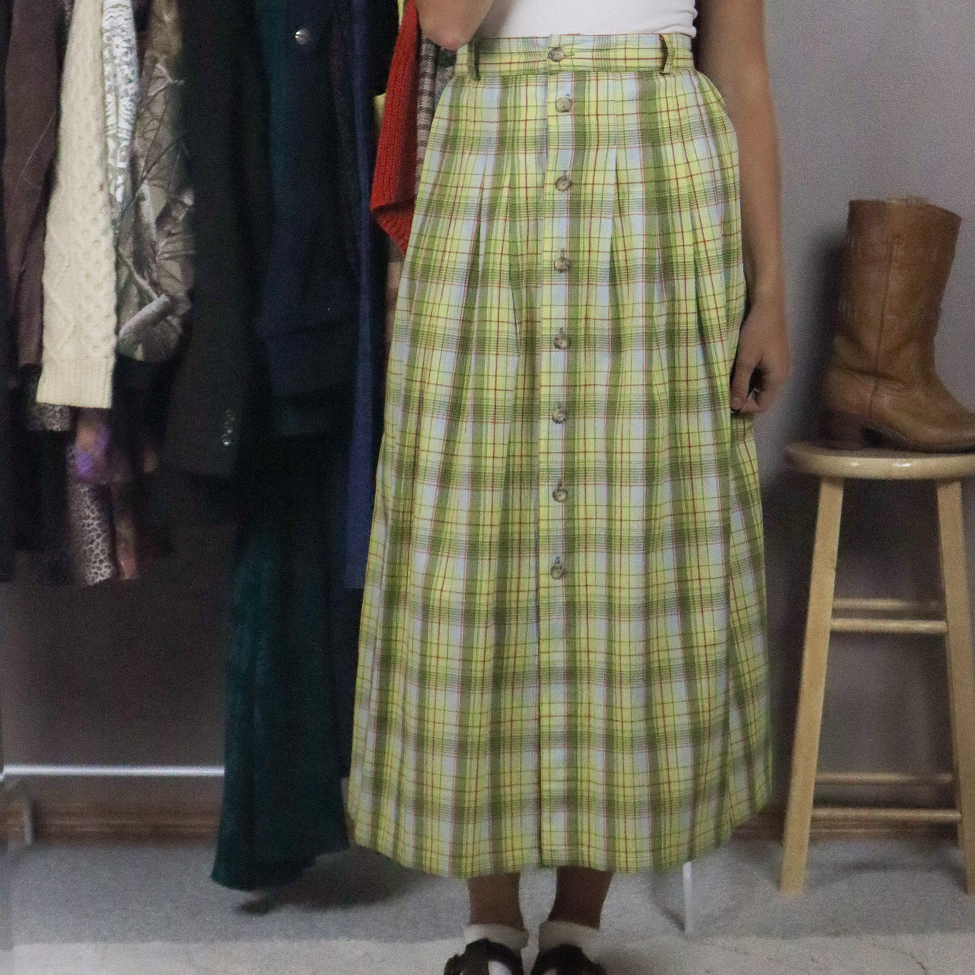 Vintage x Deadstock Plaid Midi Skirt (L)