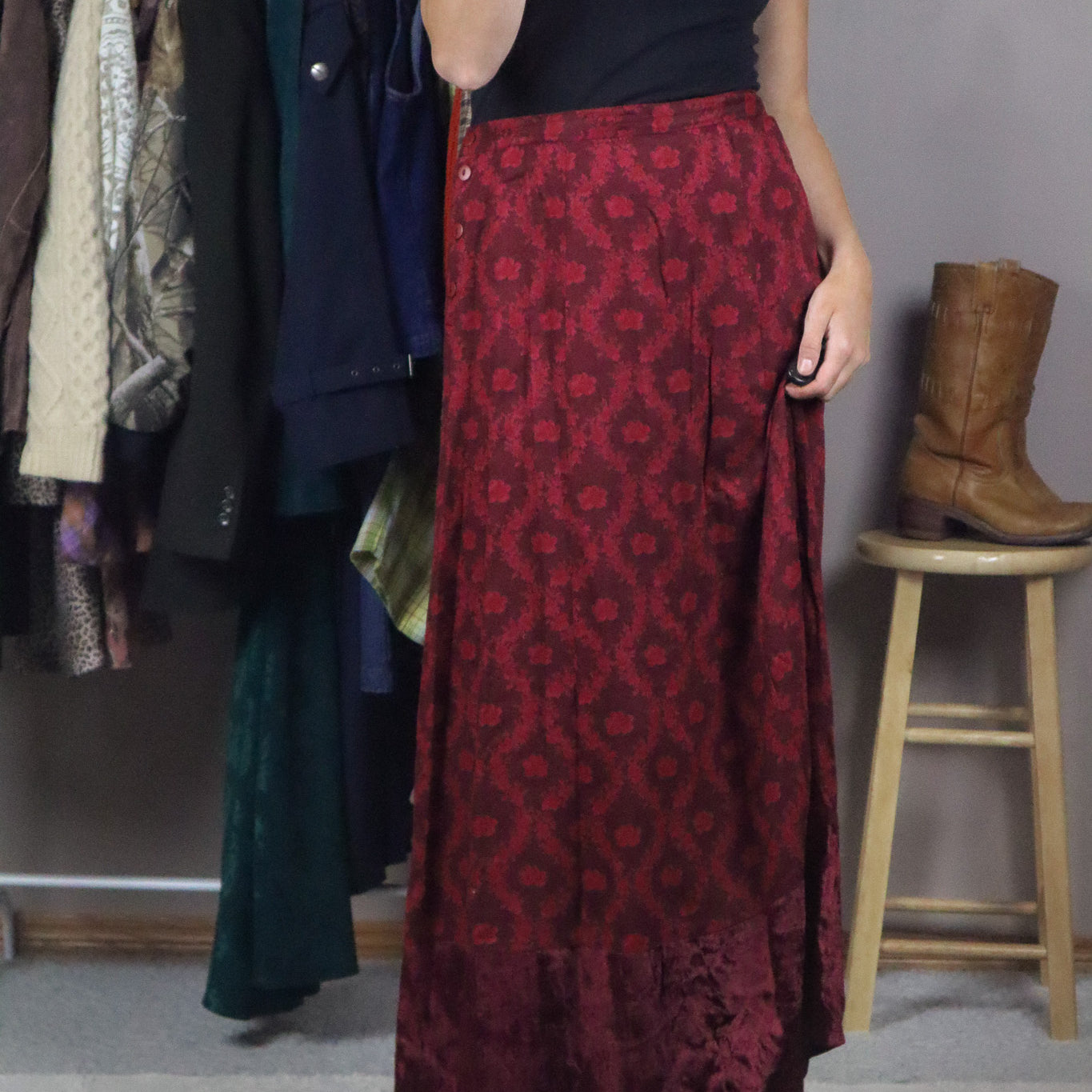 Vintage x Floral & Velvet Maxi Skirt (L)