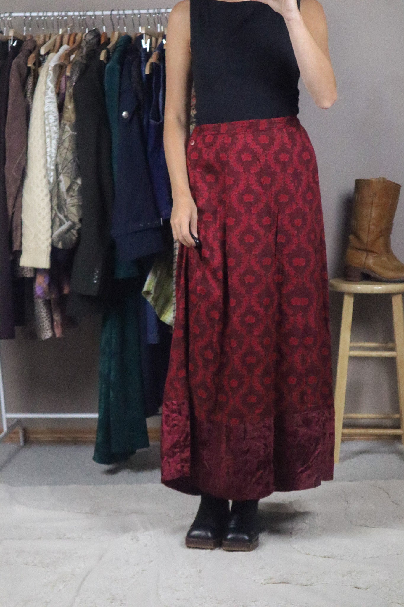 Vintage x Floral & Velvet Maxi Skirt (L)