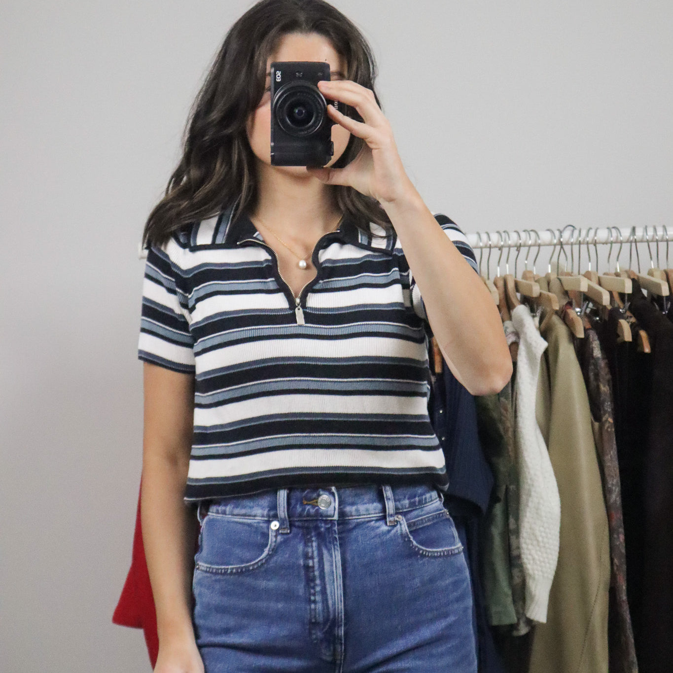 Vintage x Stripped Quater Zip Collared Top (M)