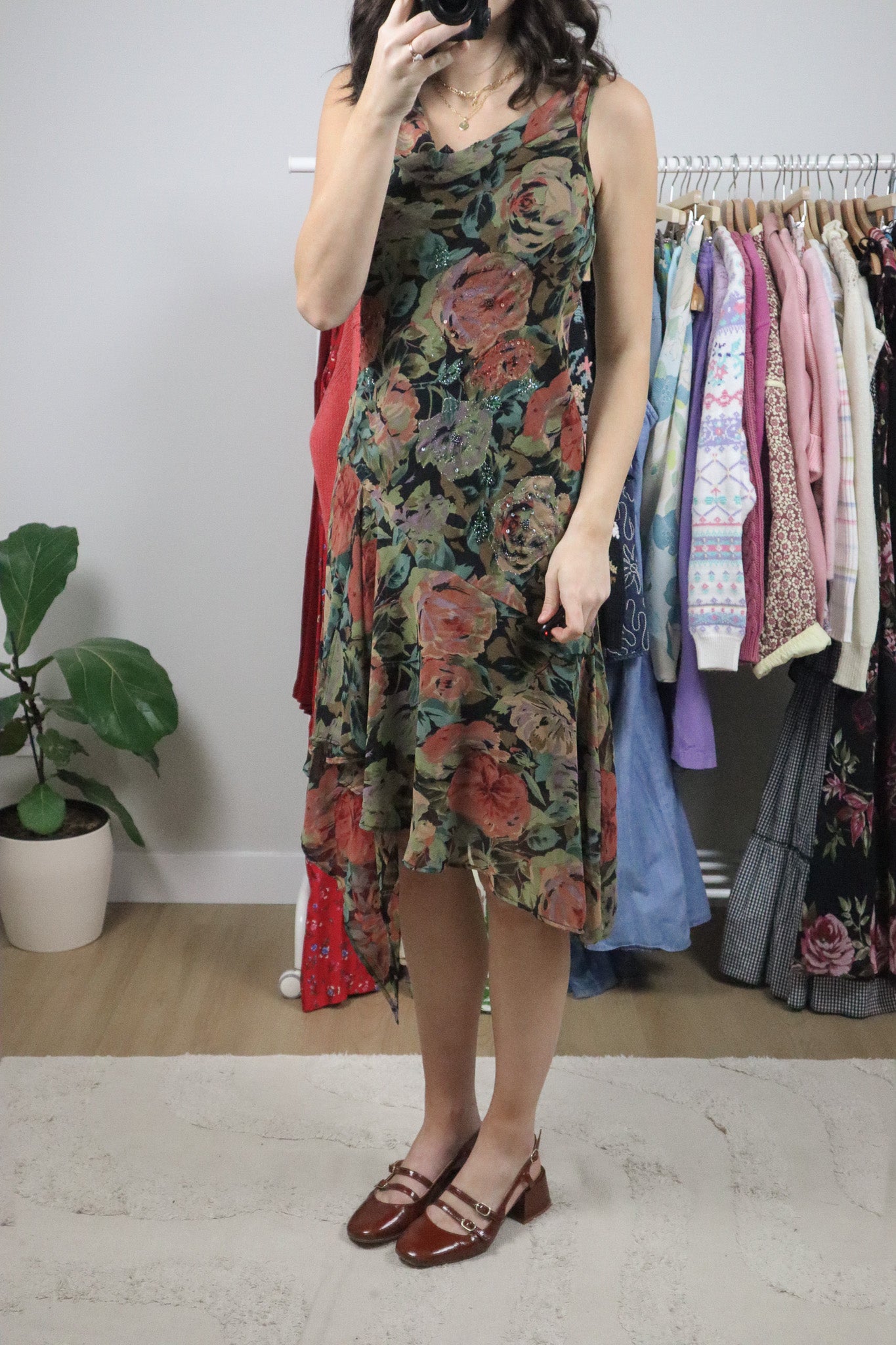 Vintage x Mesh Floral Beaded Cowl Neck Dress (S)