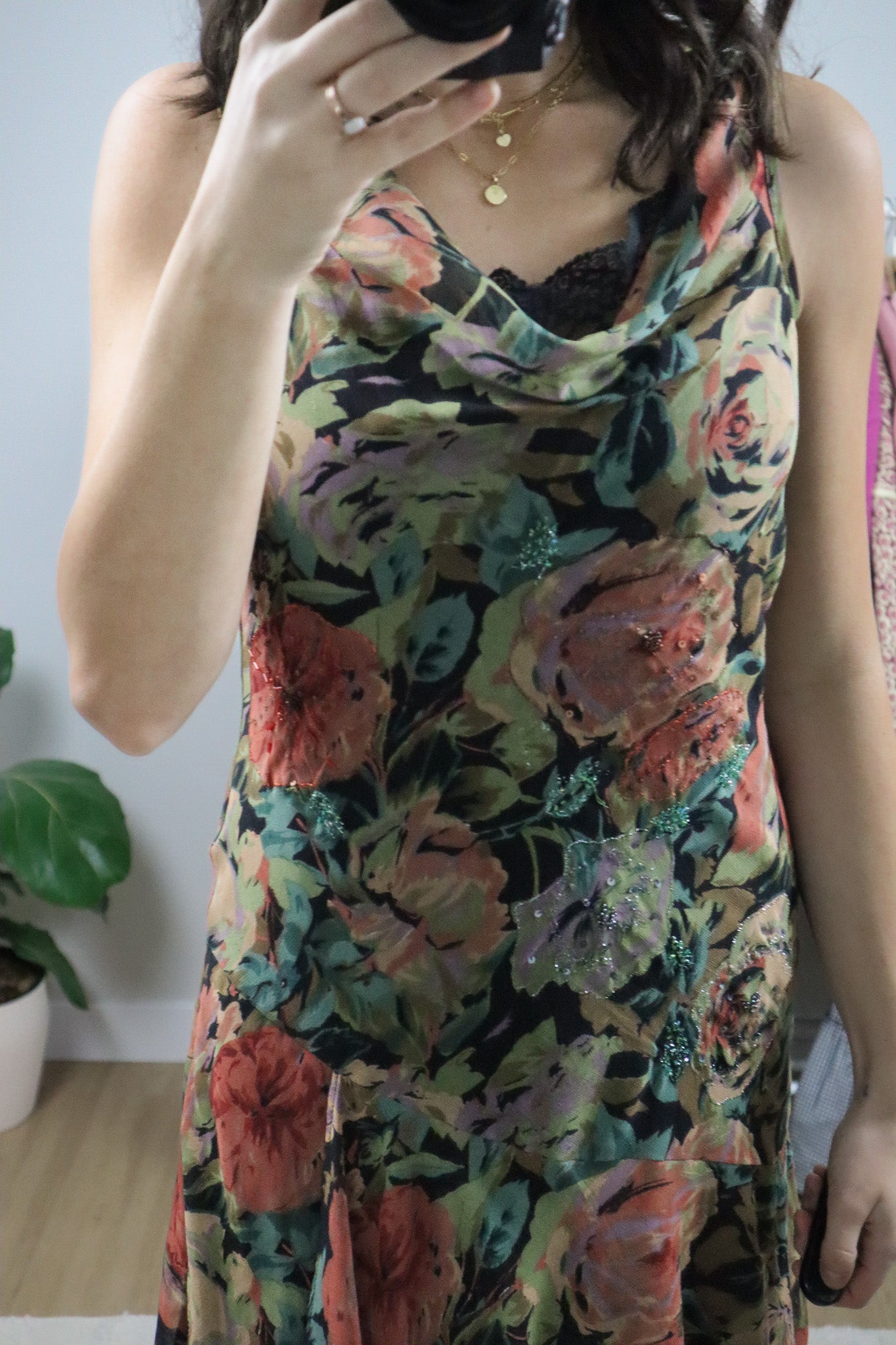 Vintage x Mesh Floral Beaded Cowl Neck Dress (S)