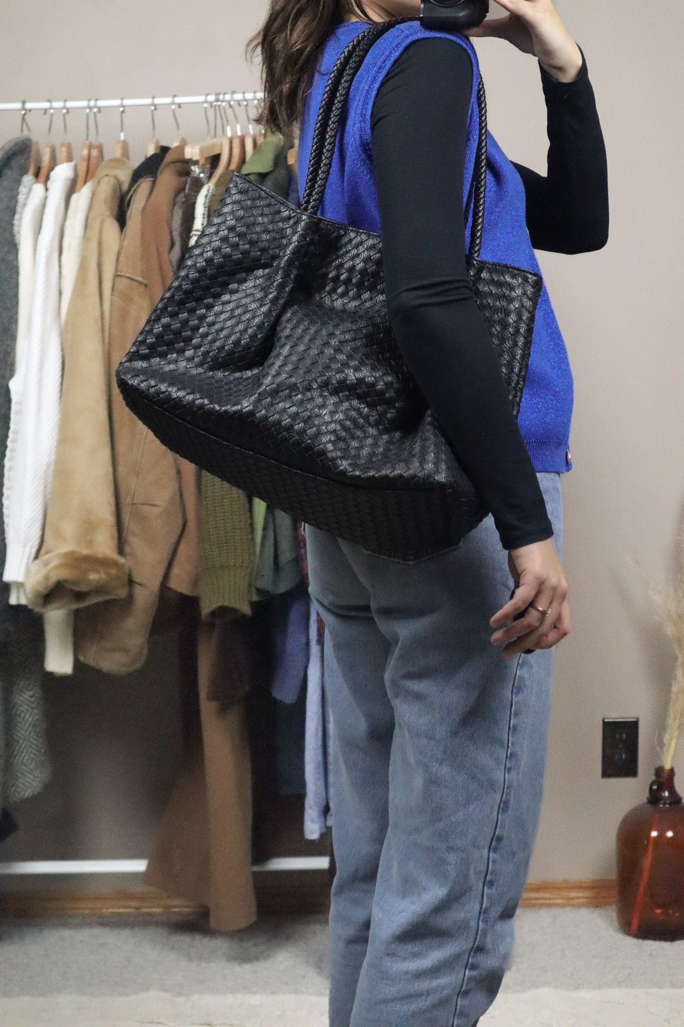 Faux Leather x Woven Tote Bag