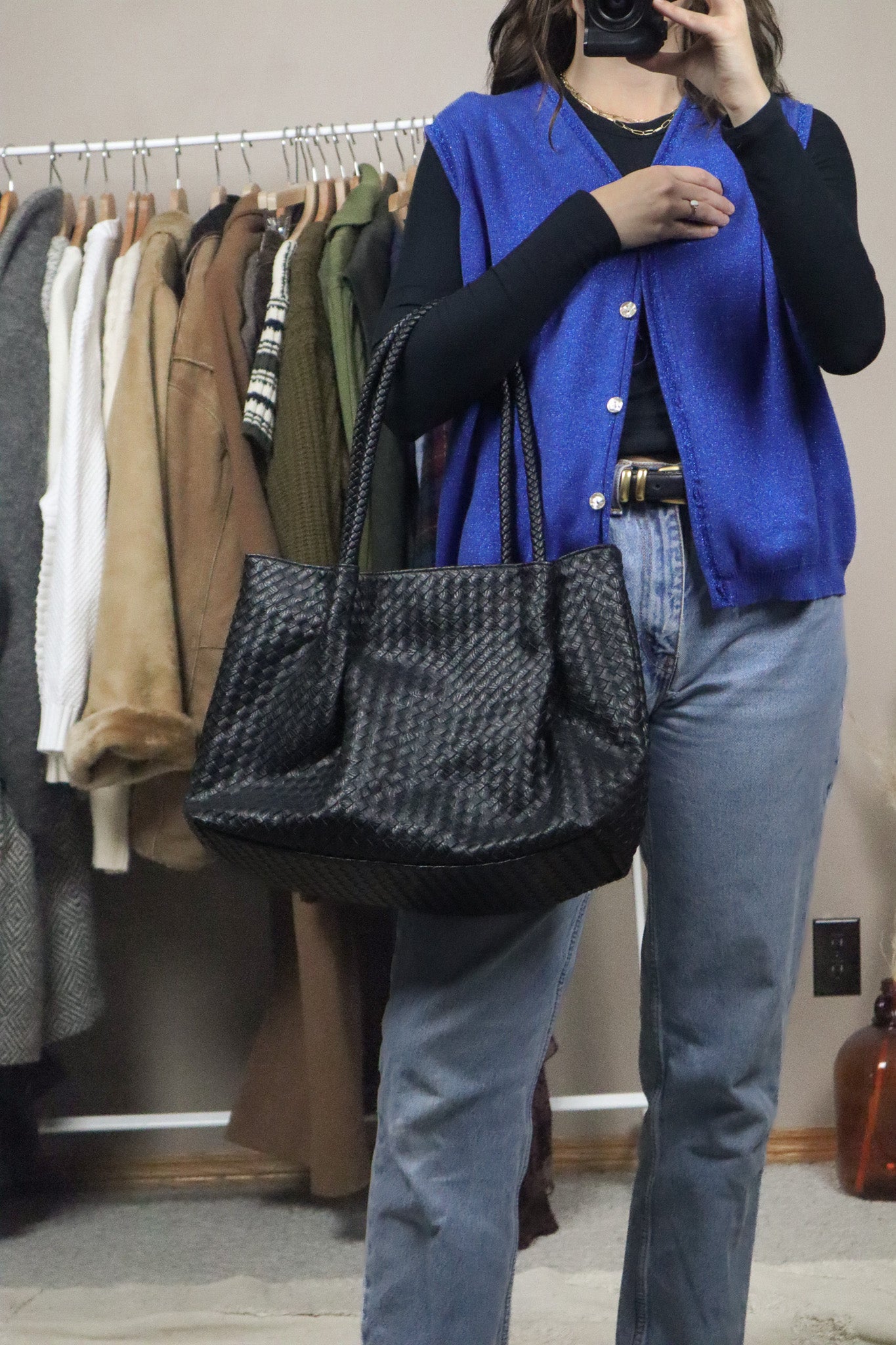 Faux Leather x Woven Tote Bag