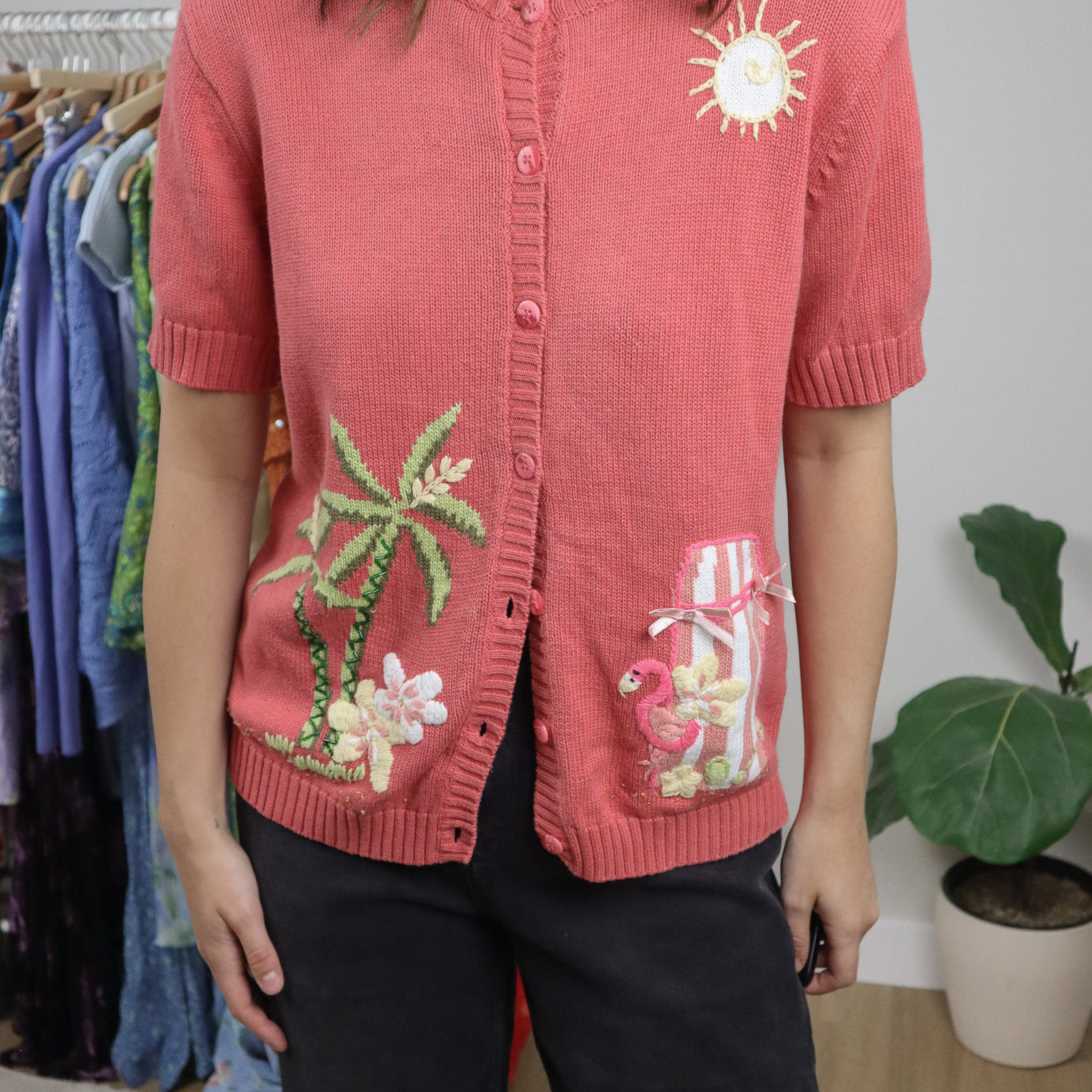 Vintage x Cotton Embroidered Beaded Short-Sleeve Knit (M)