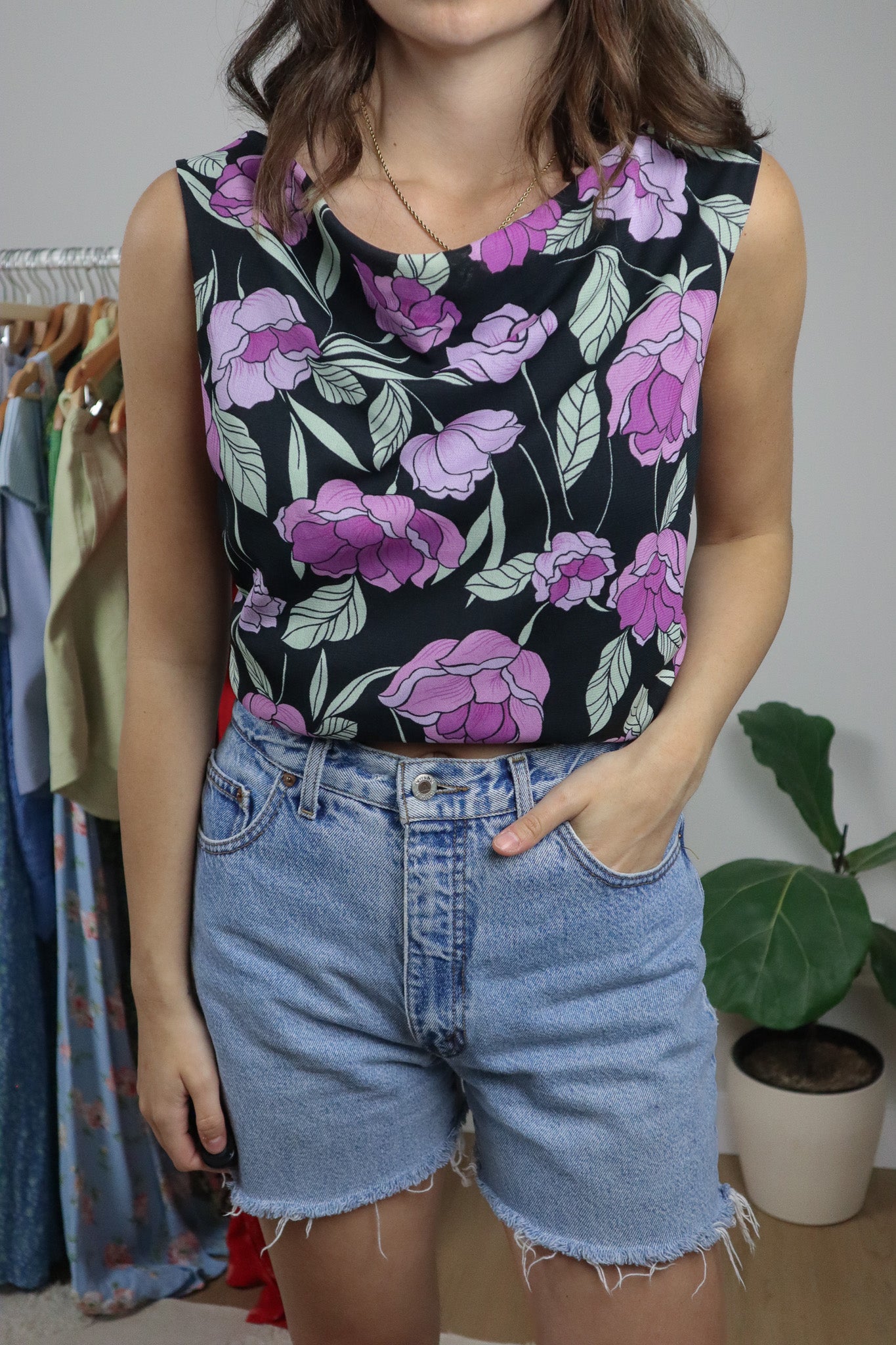 Vintage x Floral Mesh Cowl Neck Tank (L)