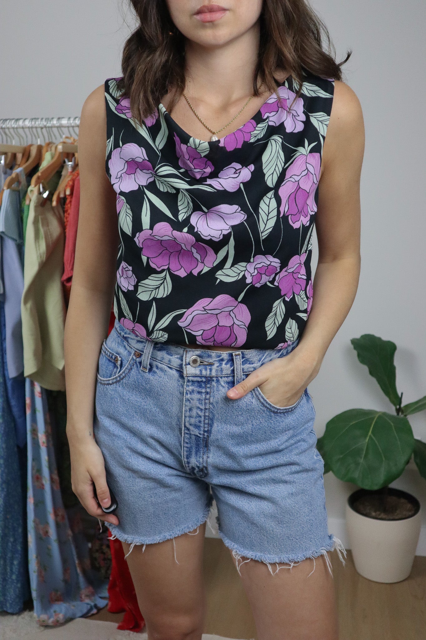 Vintage x Floral Mesh Cowl Neck Tank (L)