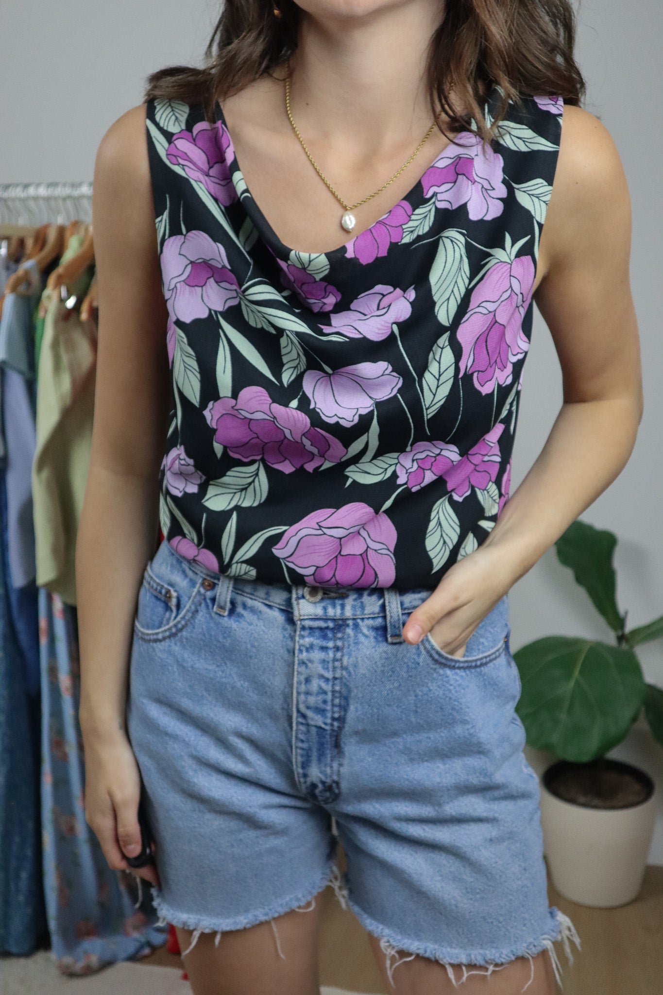 Vintage x Floral Mesh Cowl Neck Tank (L)