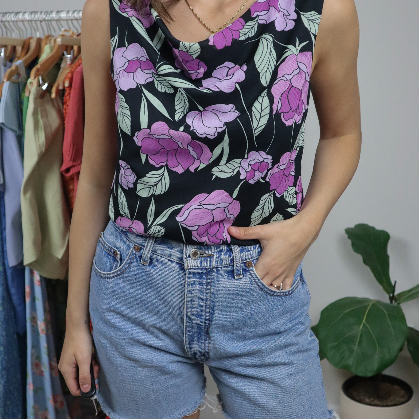 Vintage x Floral Mesh Cowl Neck Tank (L)