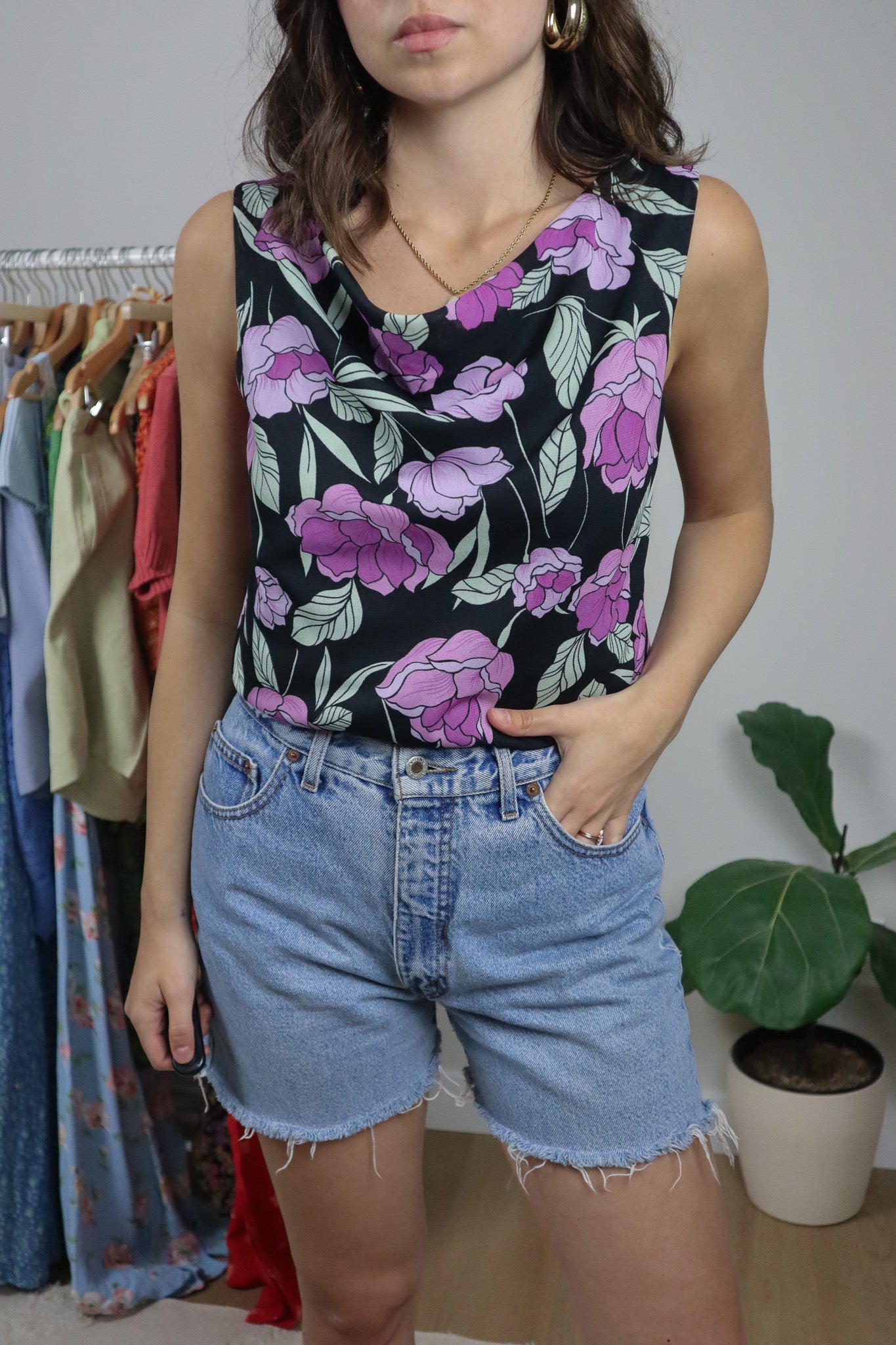 Vintage x Floral Mesh Cowl Neck Tank (L)