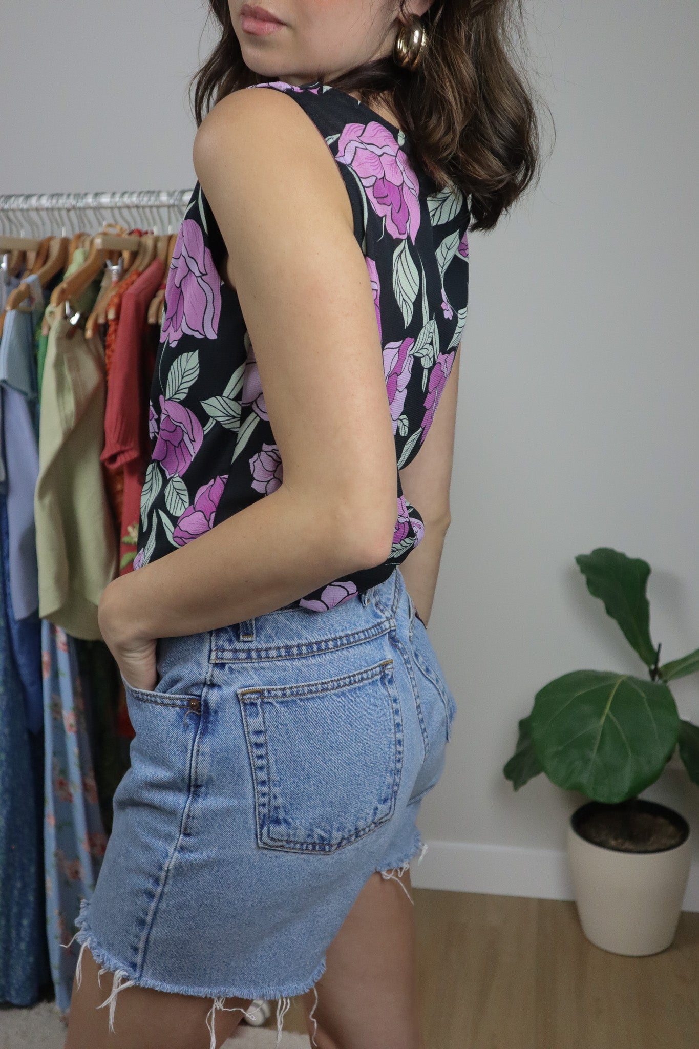 Vintage x Floral Mesh Cowl Neck Tank (L)