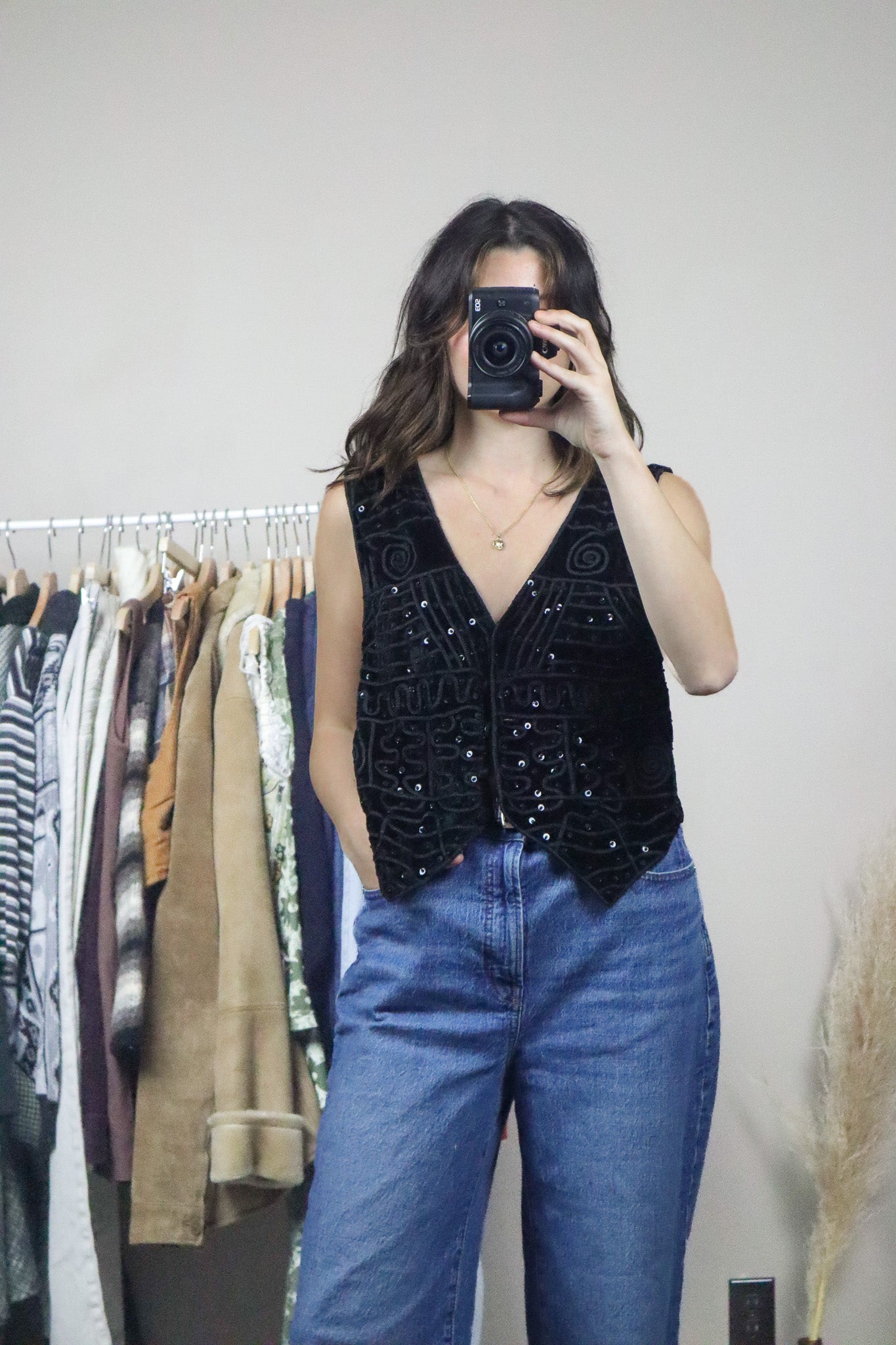 Vintage x Velvet Top Beaded Vest (M)