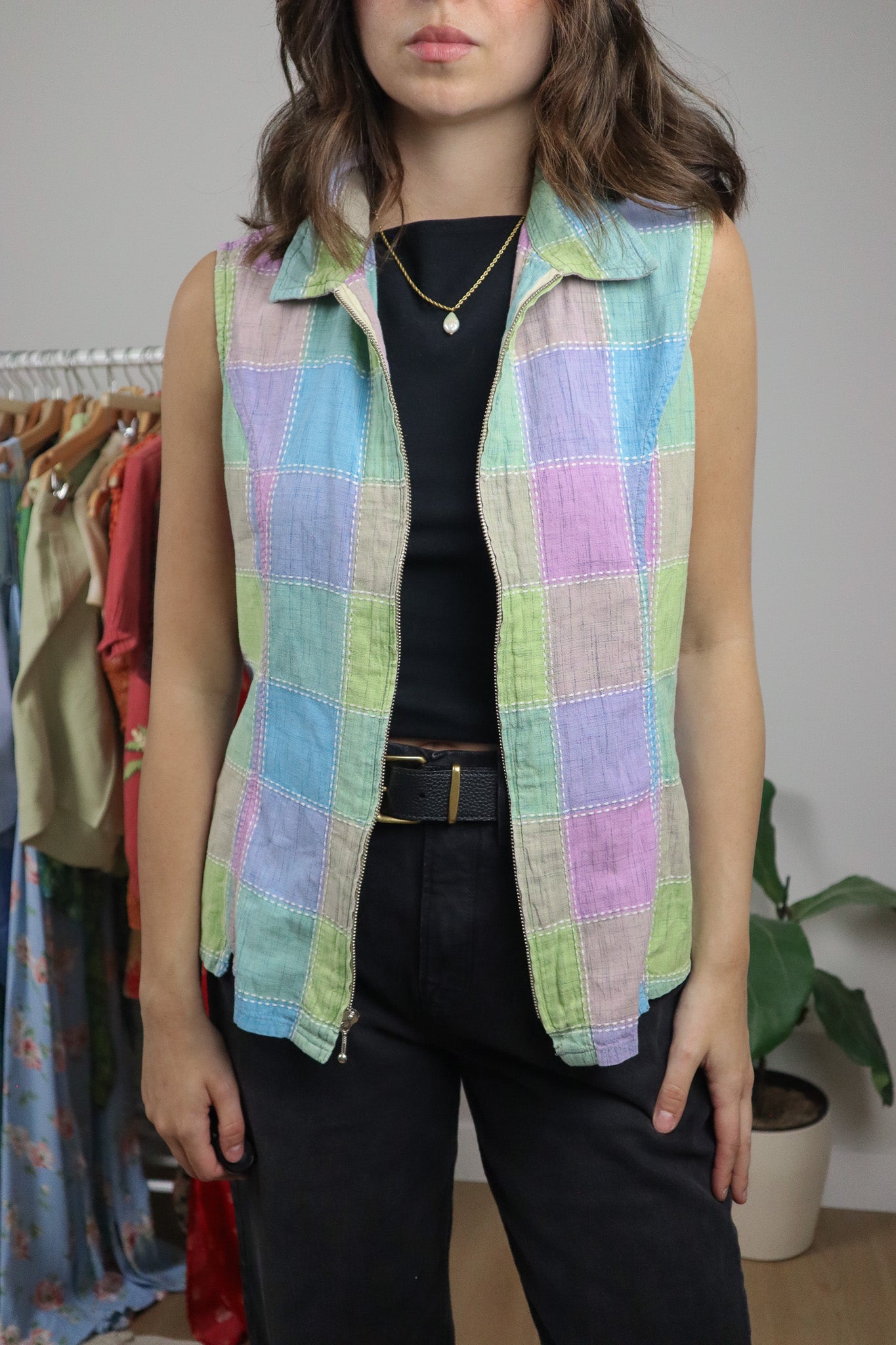 Vintage x Cotton Multicolour Textured Zip Up Top (M)