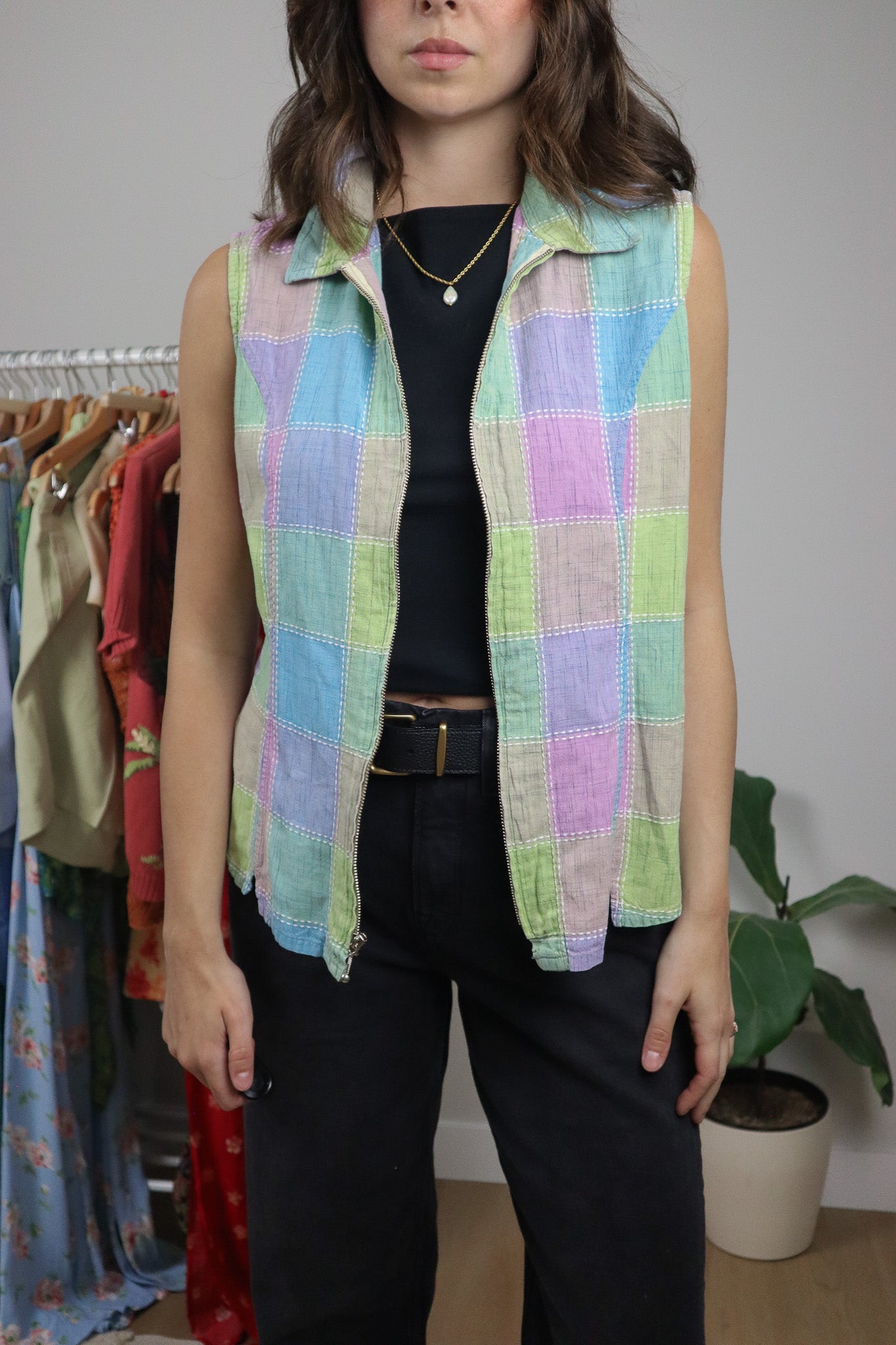 Vintage x Cotton Multicolour Textured Zip Up Top (M)