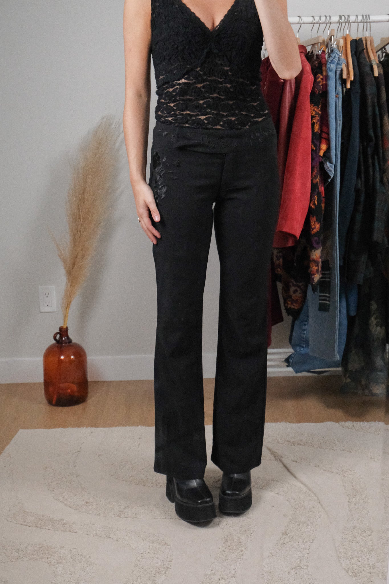 Vintage x Embroidered Low Rise Flare Pants (S)