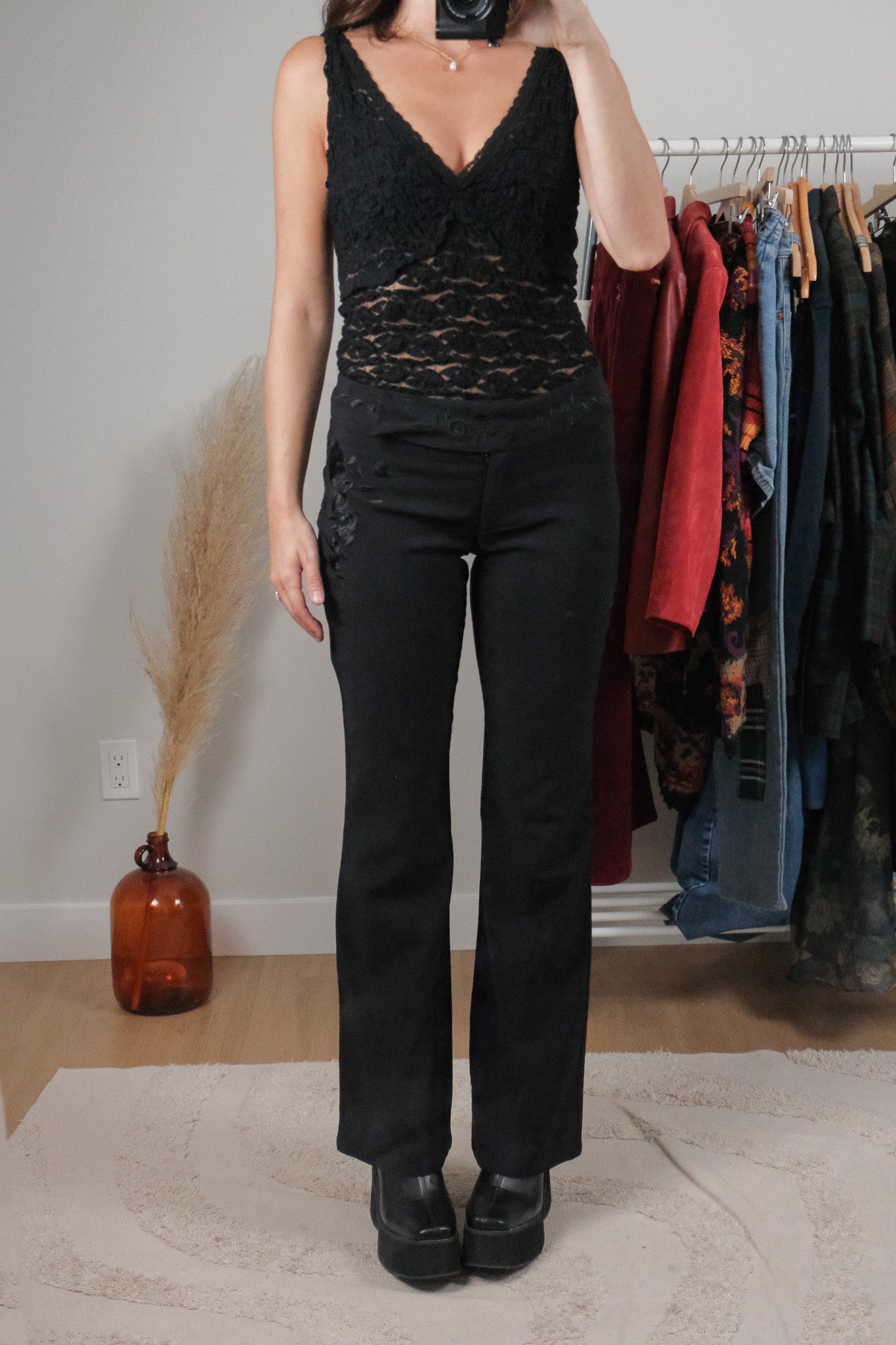 Vintage x Embroidered Low Rise Flare Pants (S)