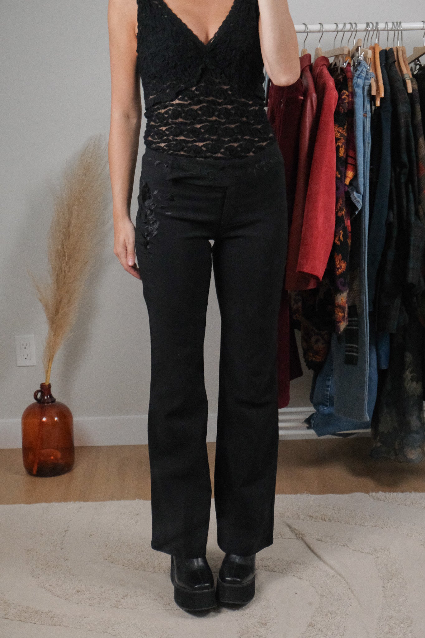Vintage x Embroidered Low Rise Flare Pants (S)