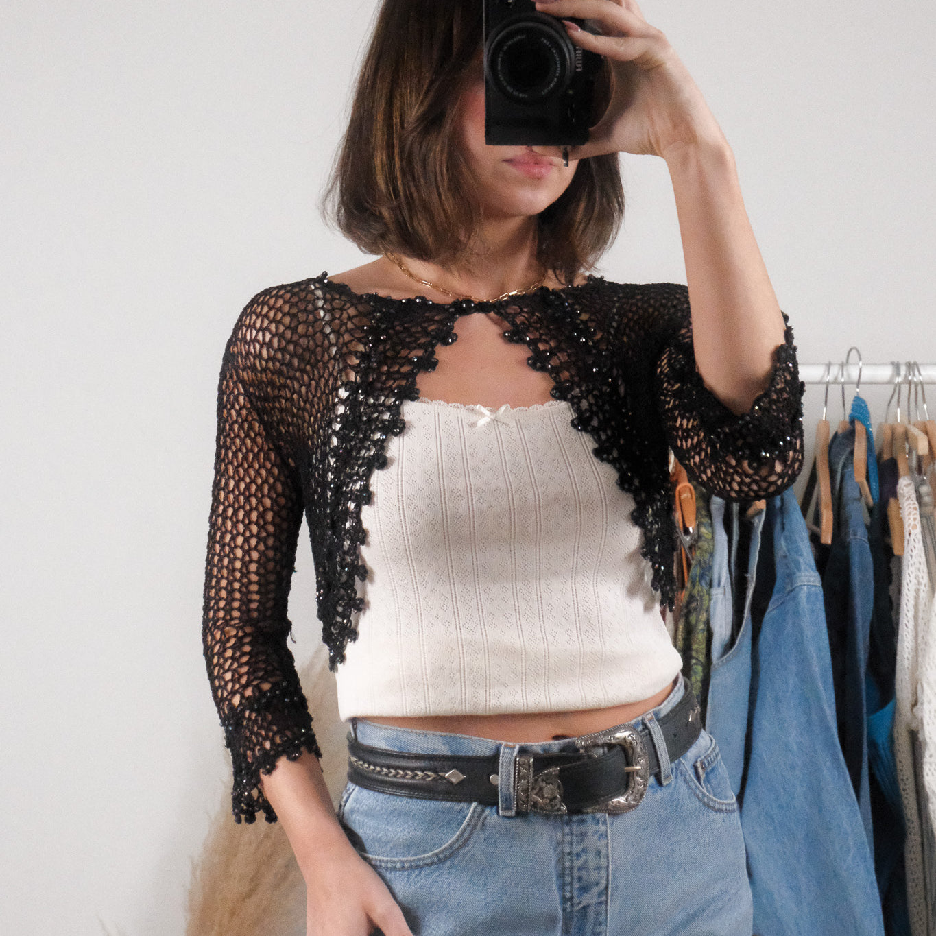 Vintage x Beaded Crochet Cropped Cardigan (XS)