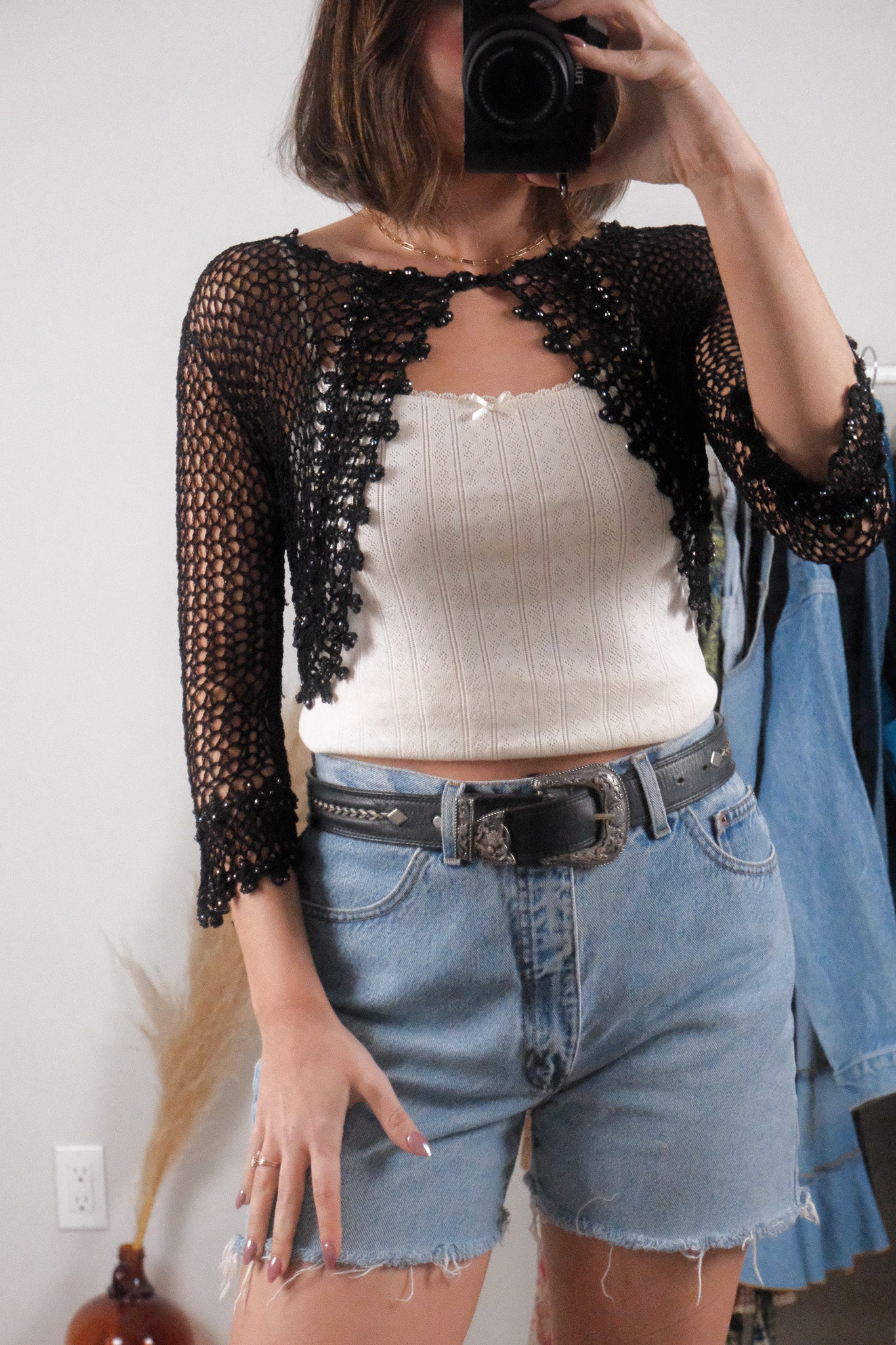Vintage x Beaded Crochet Cropped Cardigan (XS)
