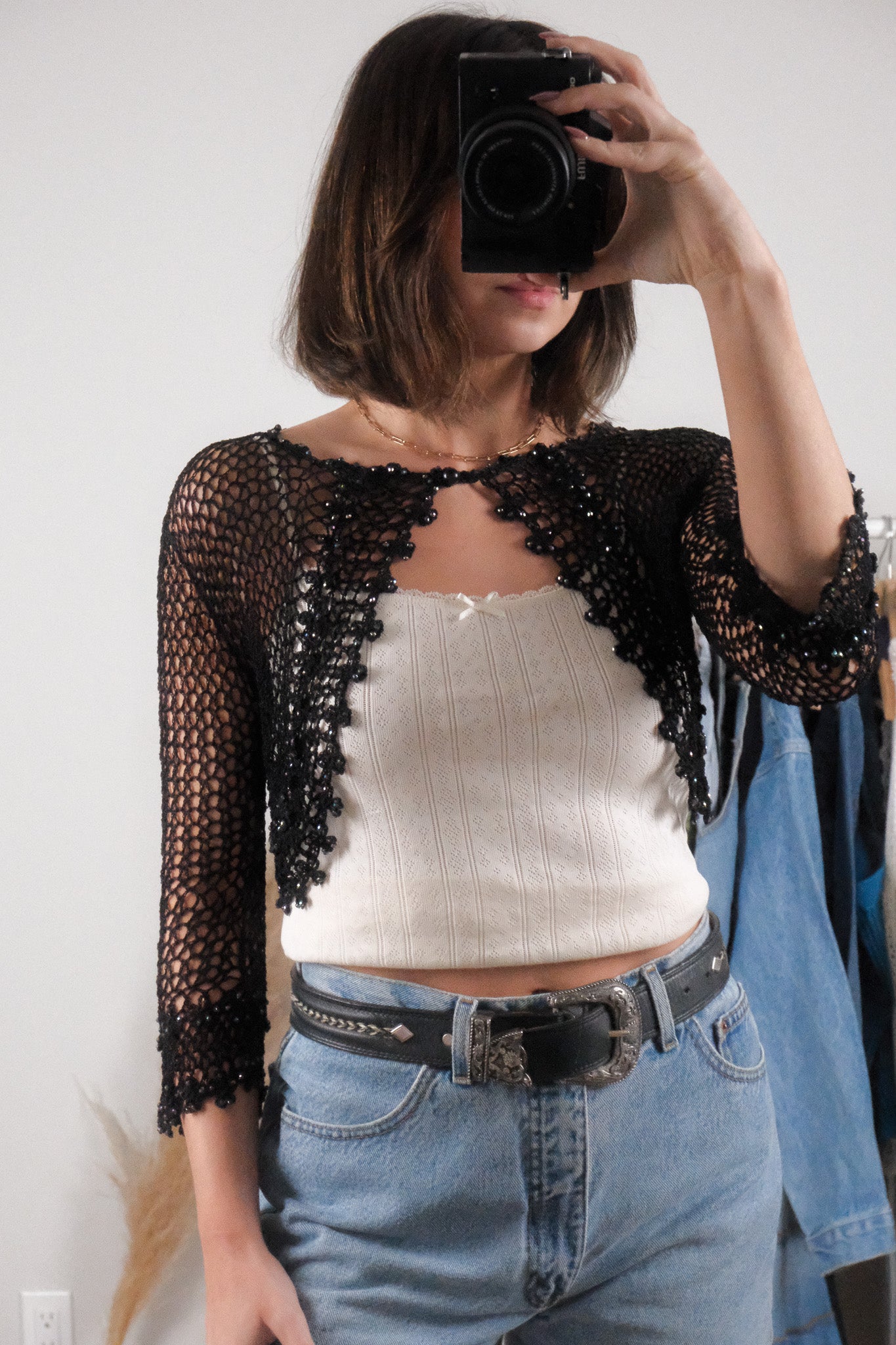 Vintage x Beaded Crochet Cropped Cardigan (XS)