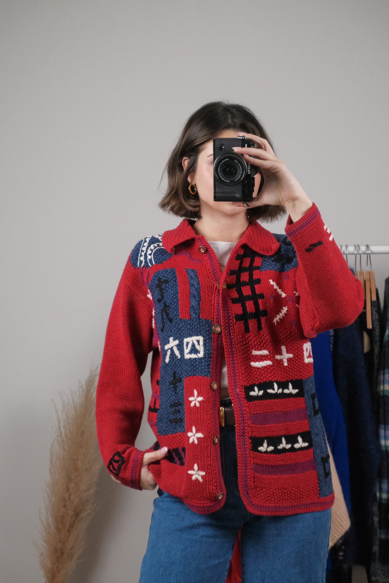 Vintage x Textured/Patterned Collared Cardigan (M)