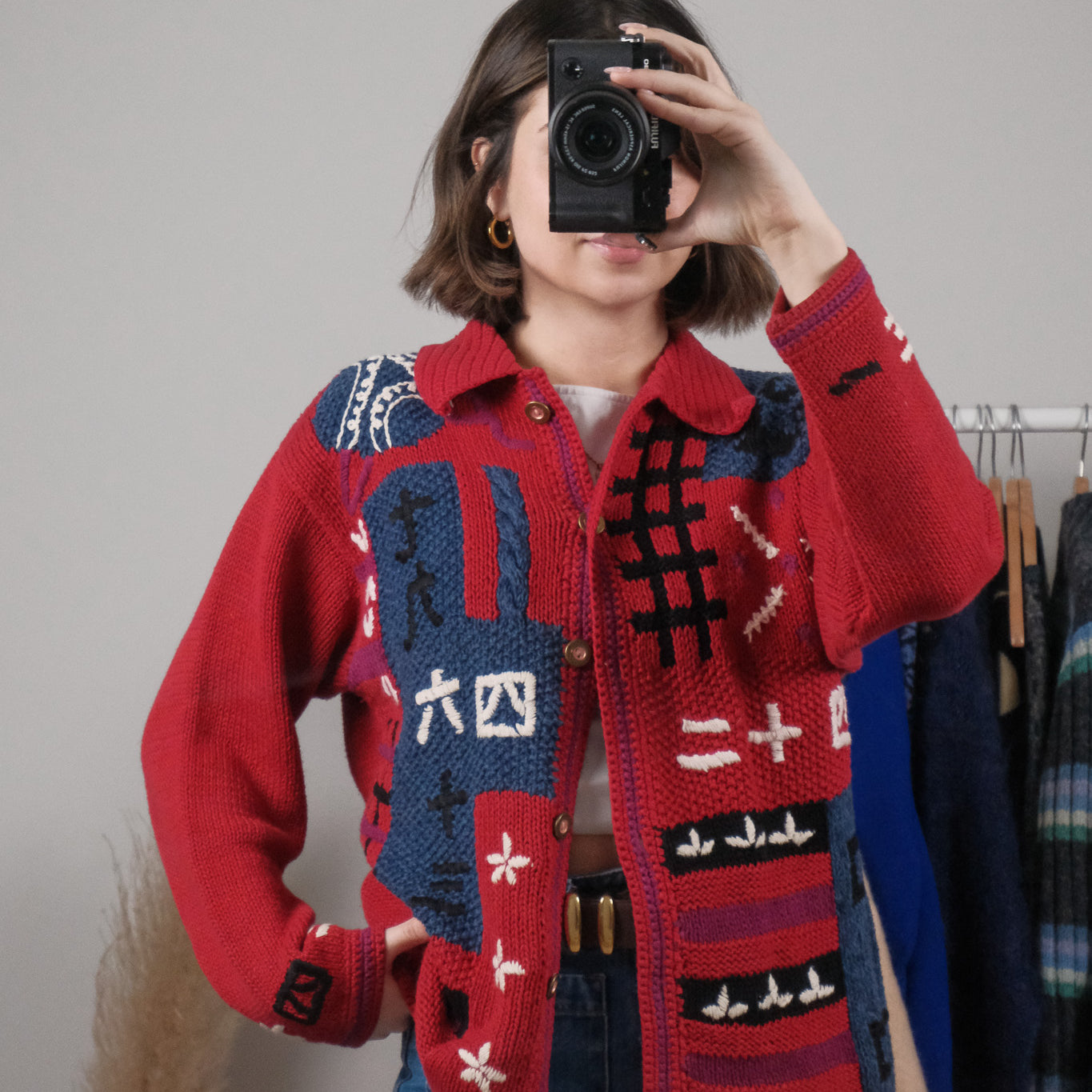 Vintage x Textured/Patterned Collared Cardigan (M)