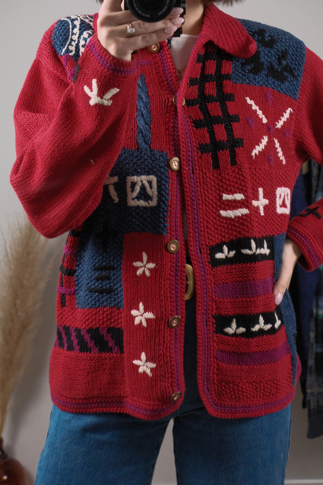 Vintage x Textured/Patterned Collared Cardigan (M)