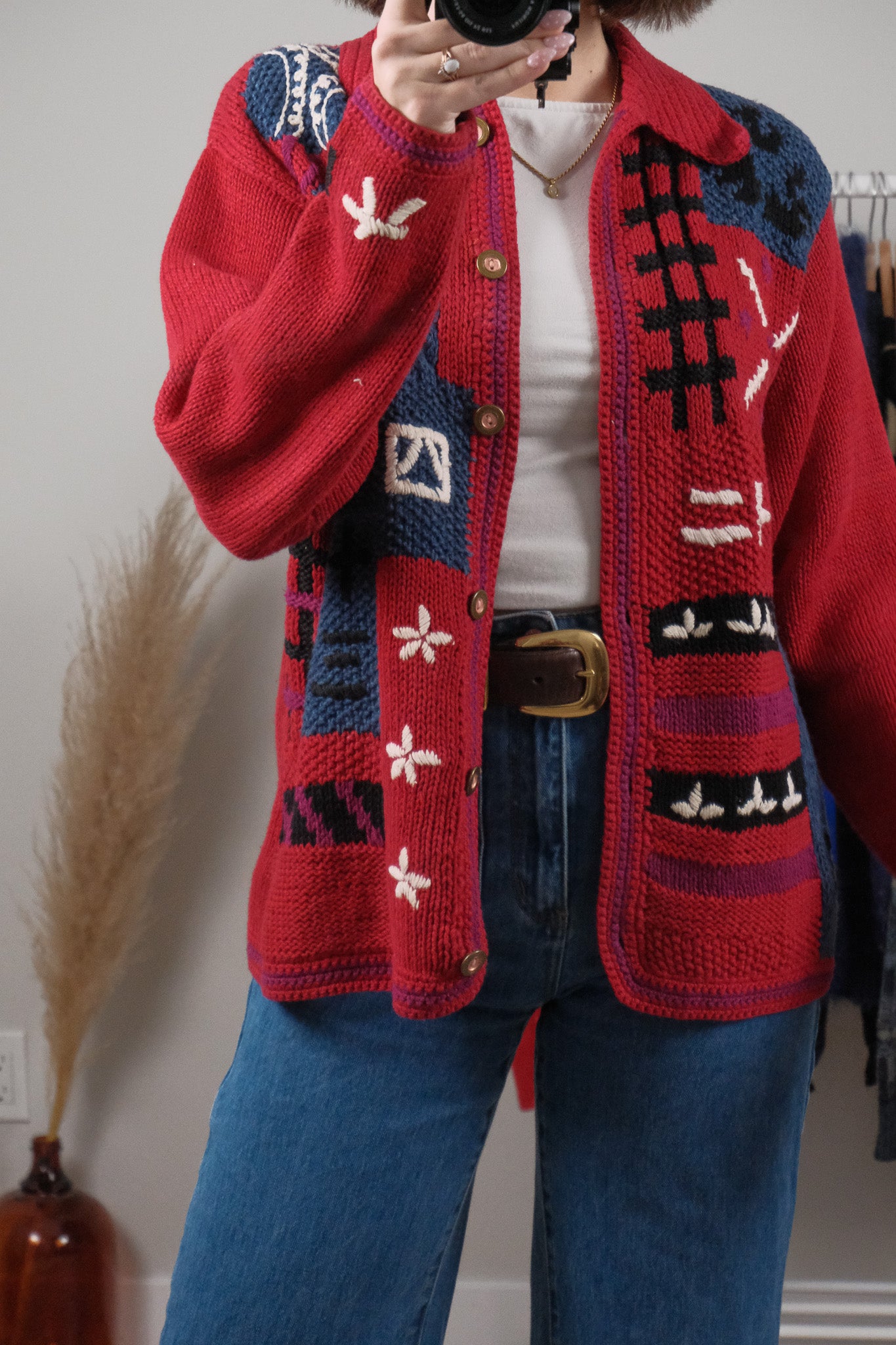 Vintage x Textured/Patterned Collared Cardigan (M)