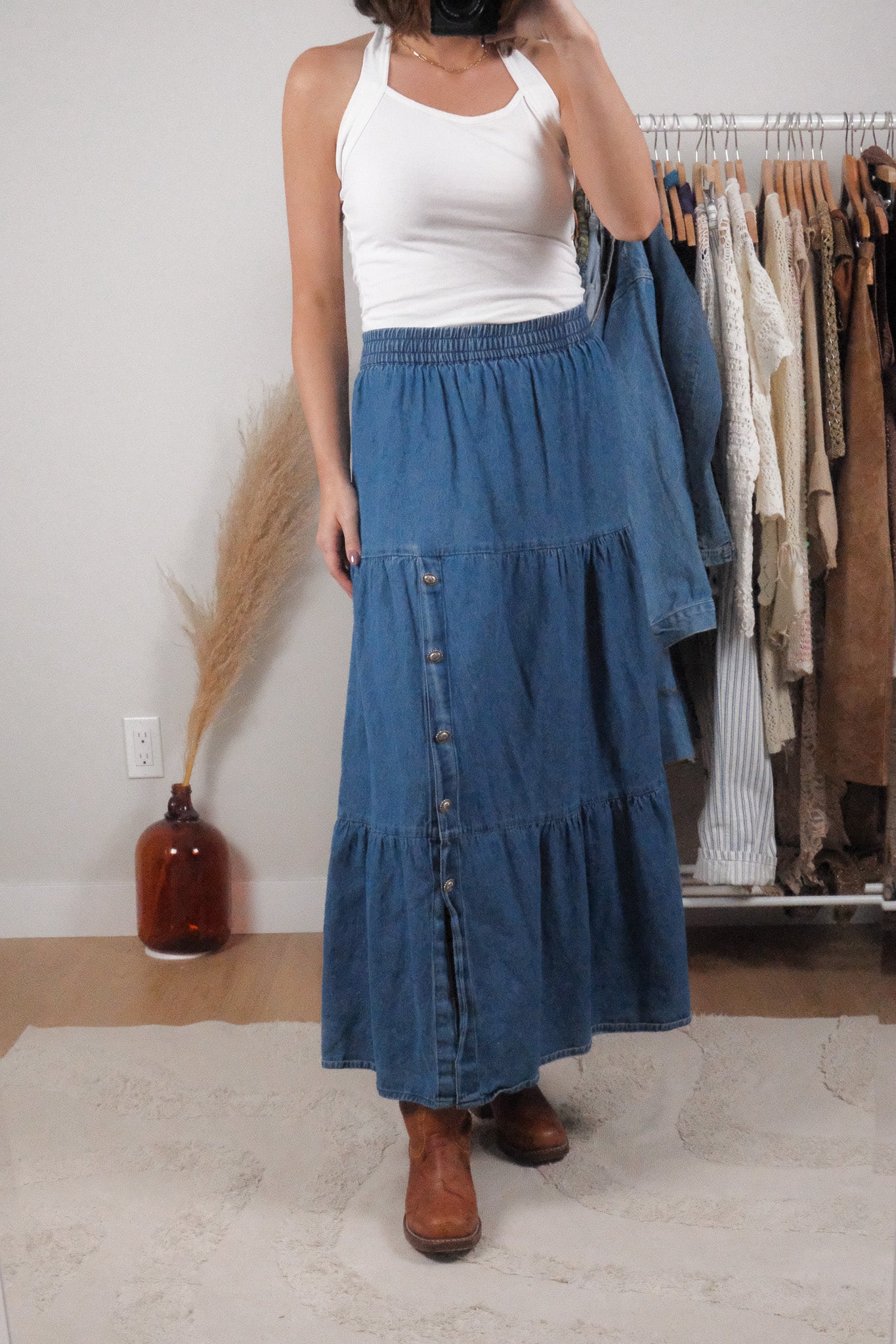 Vintage x Cotton Denim Tiered Maxi Skirt (L/XL)