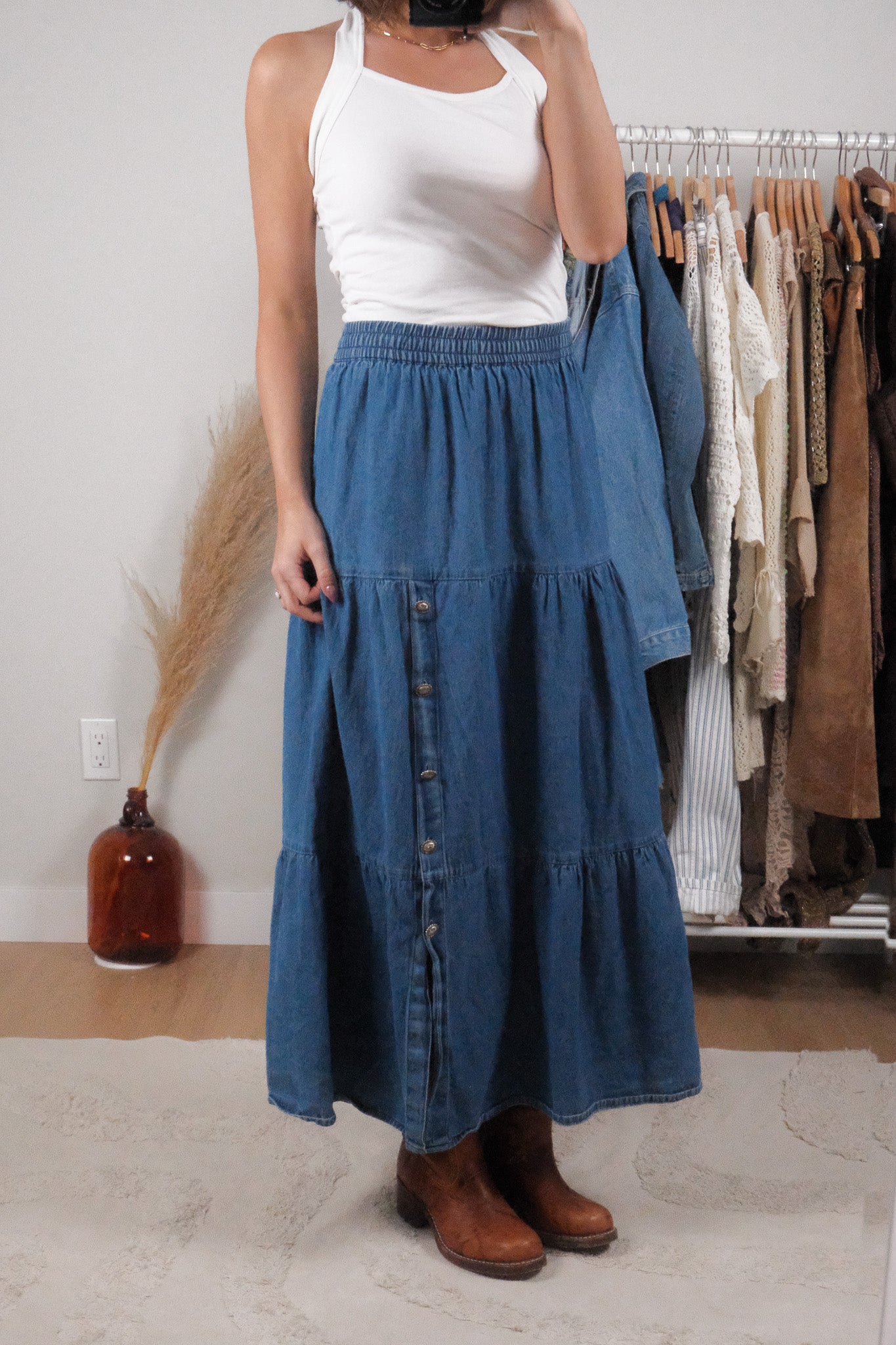 Vintage x Cotton Denim Tiered Maxi Skirt (L/XL)