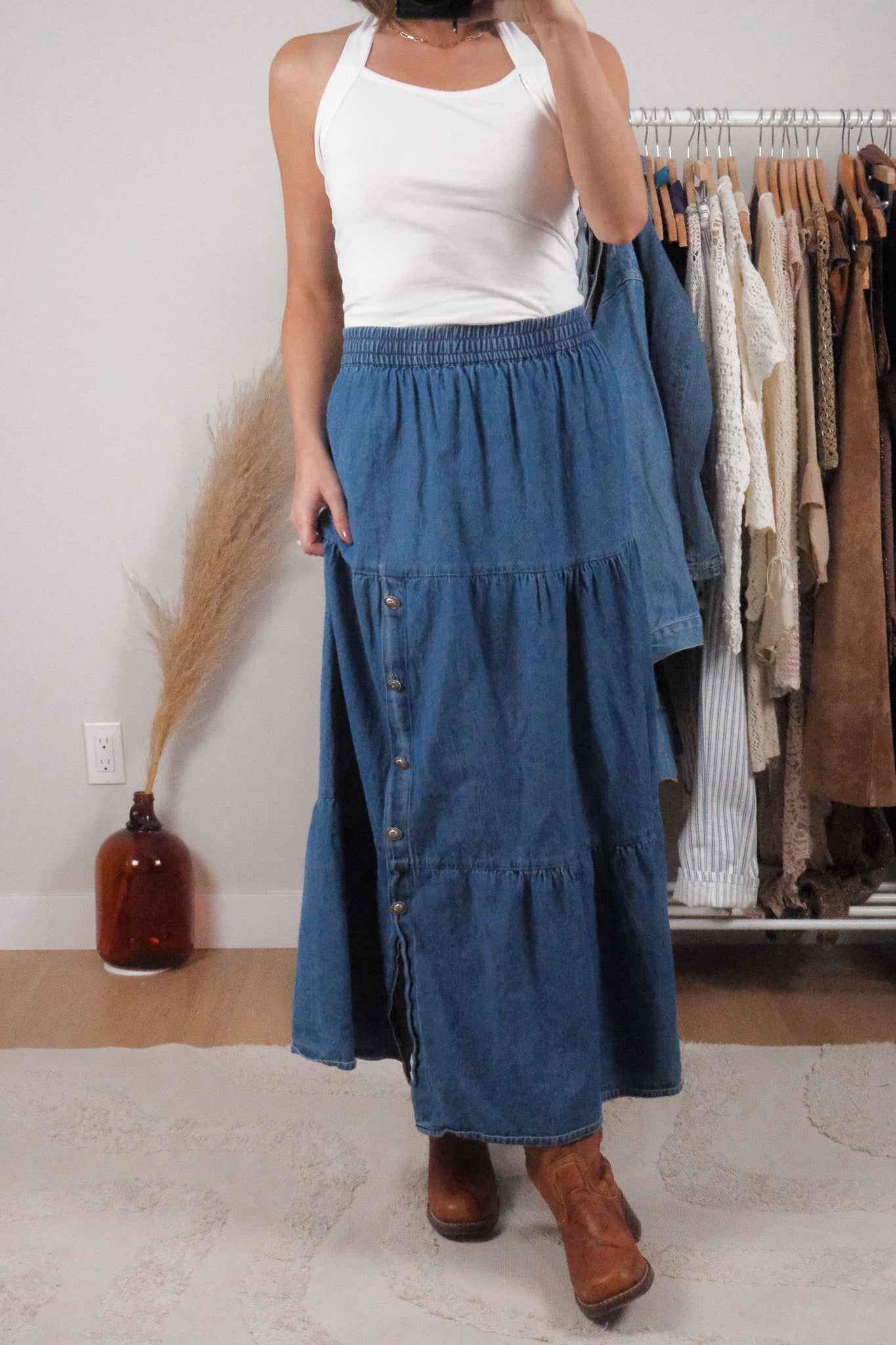 Vintage x Cotton Denim Tiered Maxi Skirt (L/XL)